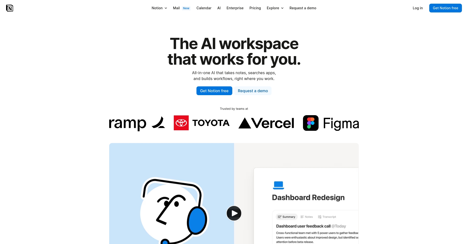 Notion AI 官網首頁截圖