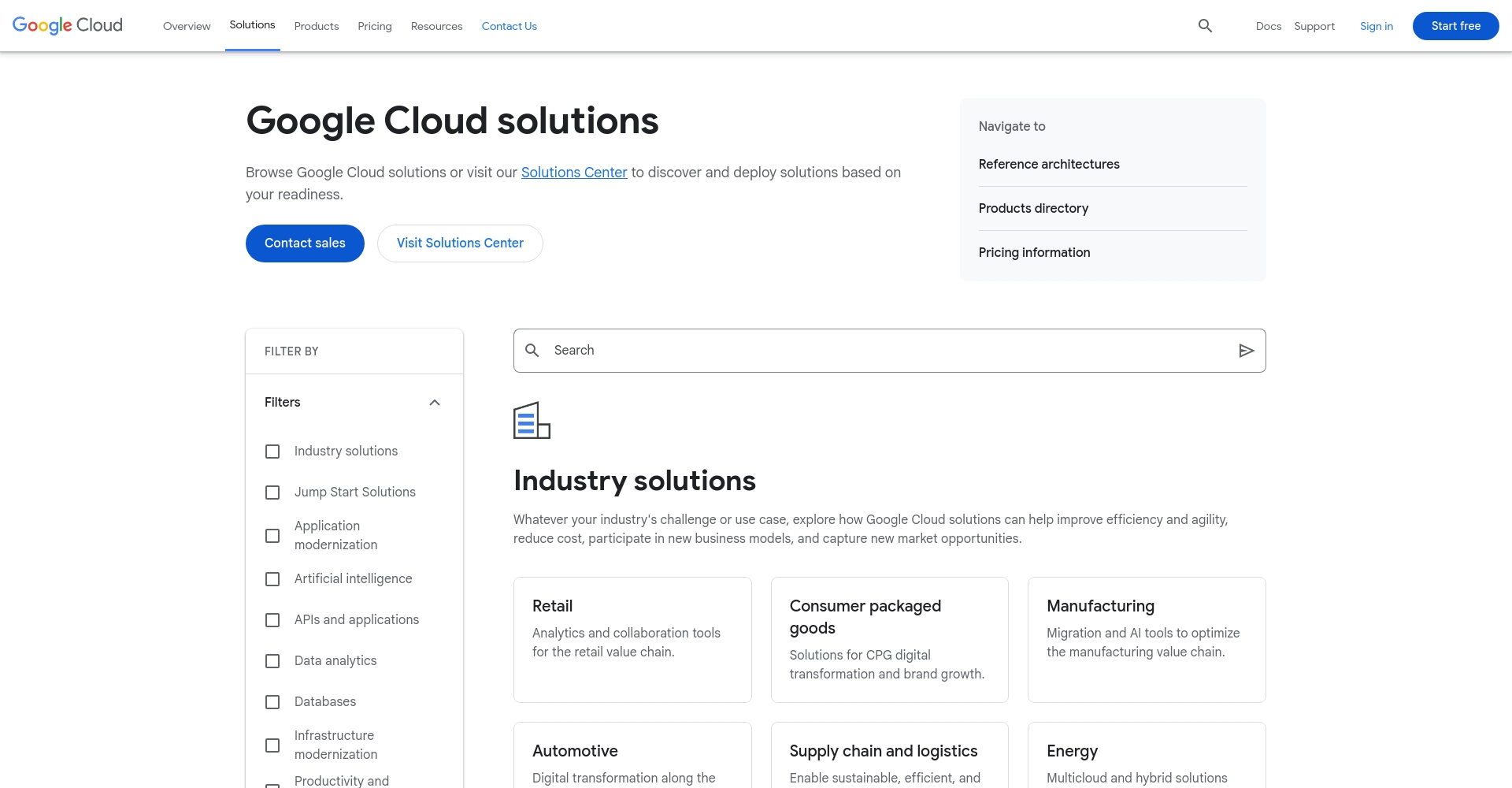 Google Cloud行业解决方案网页截图