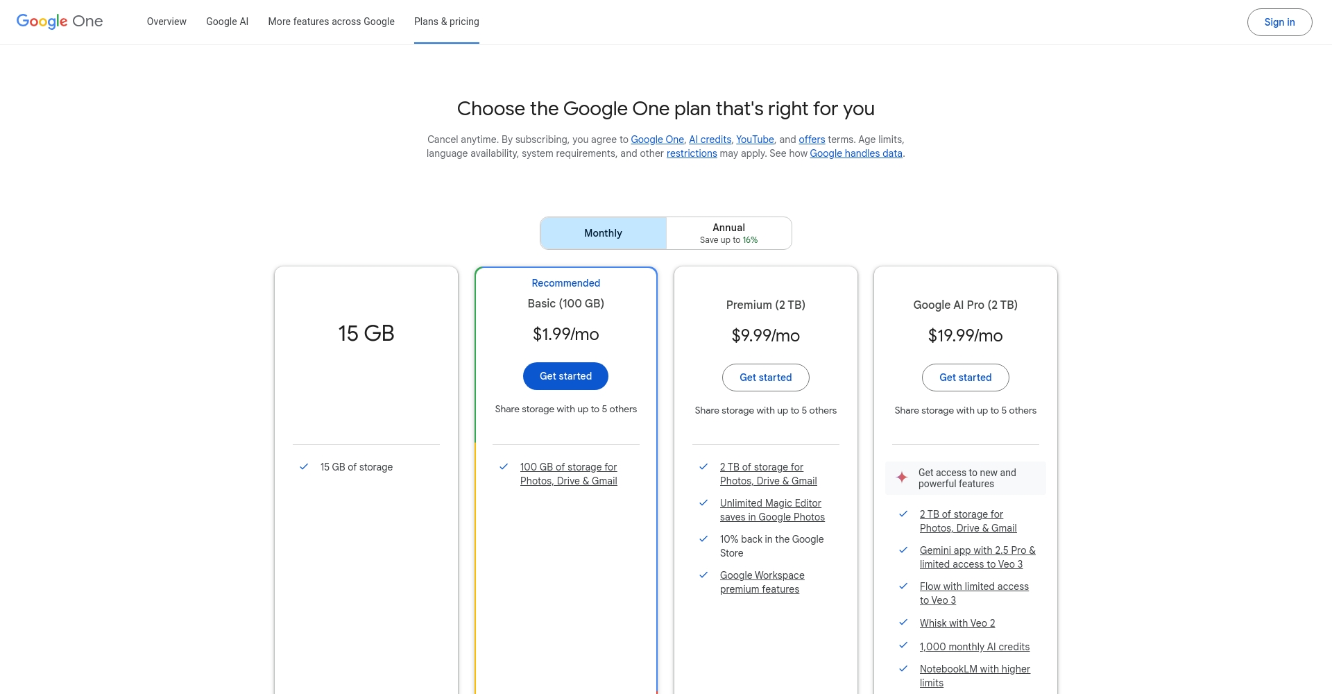 Google One 订阅方案页面