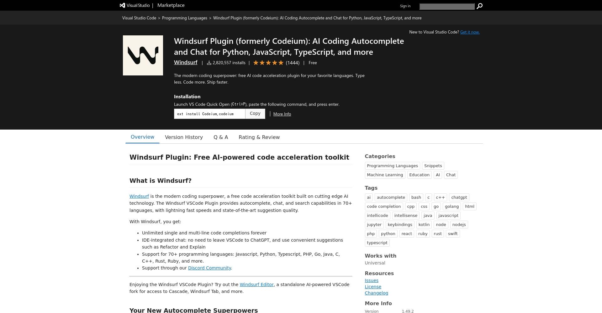 Codeium 在 VS Code 插件市场的页面截图