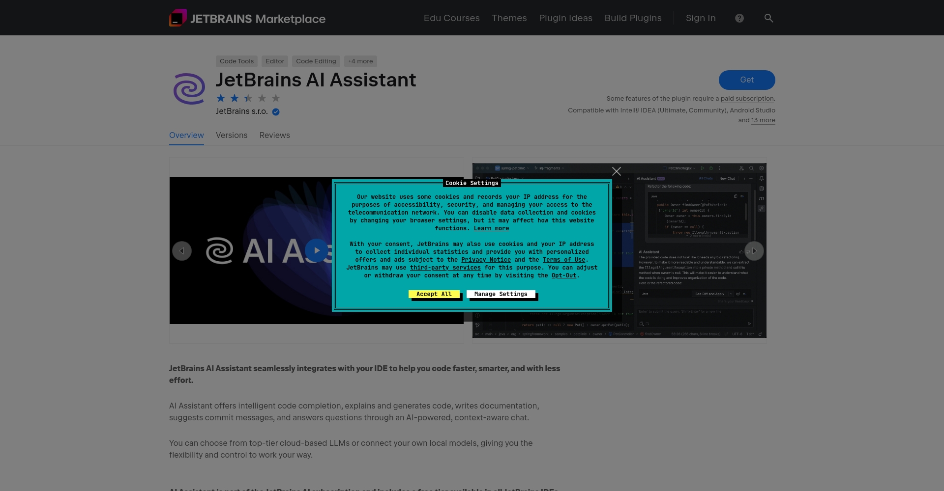 JetBrains AI Assistant插件页面截图