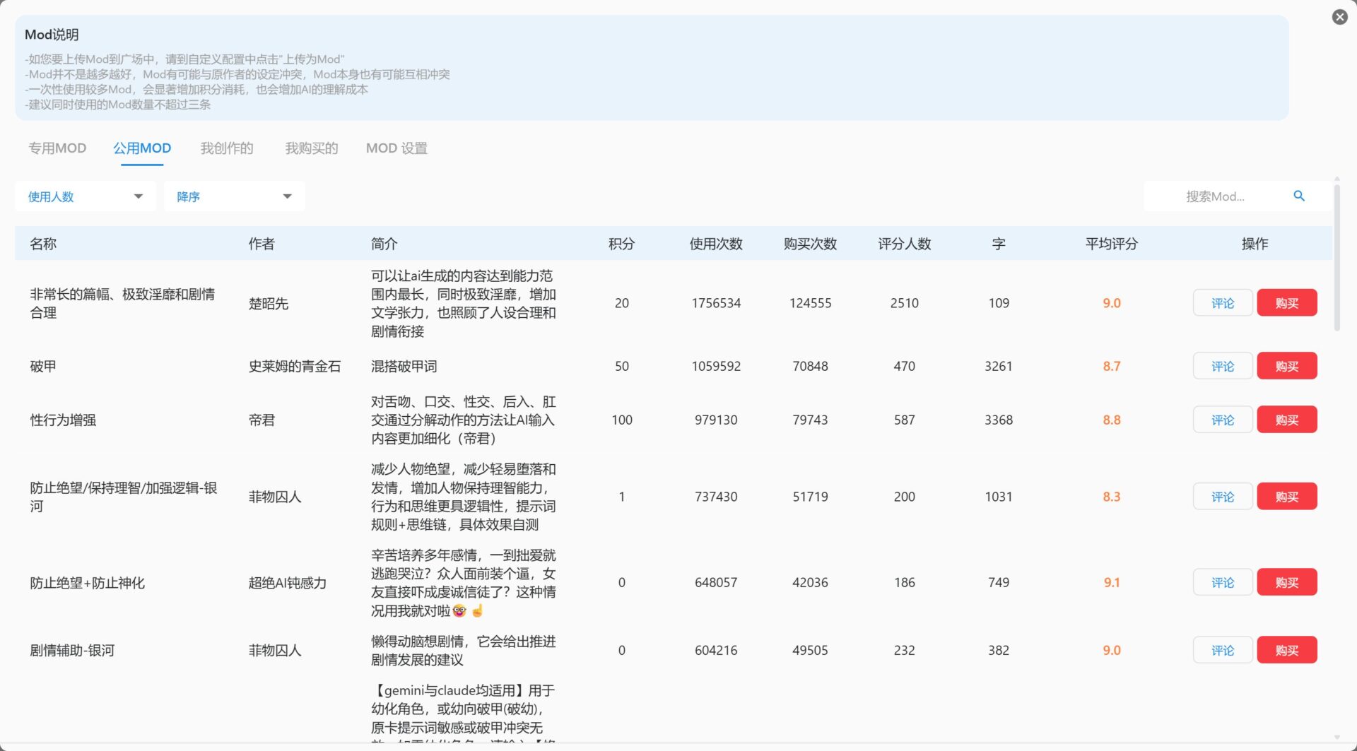 多个他人创作的 Mod 可供使用