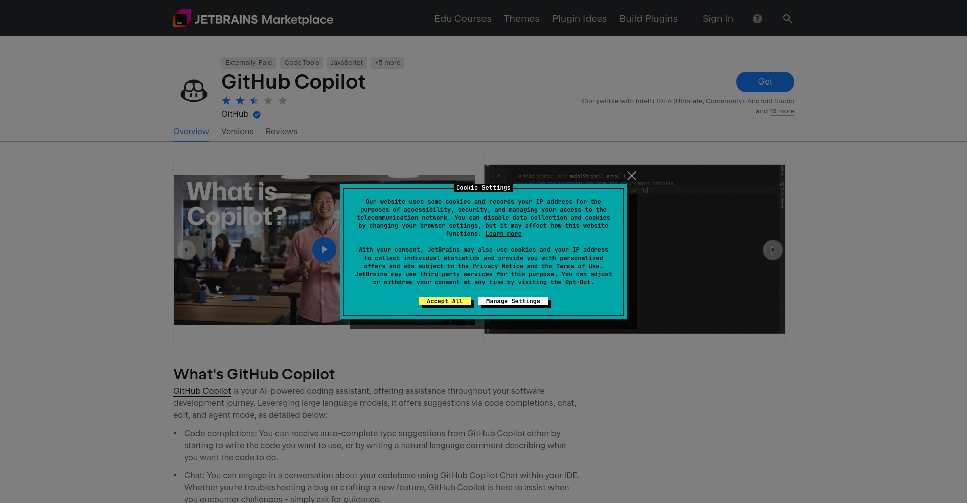 GitHub Copilot JetBrains 插件页面截图