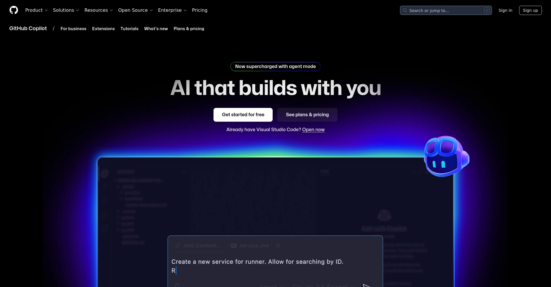 GitHub Copilot 官方網站截圖
