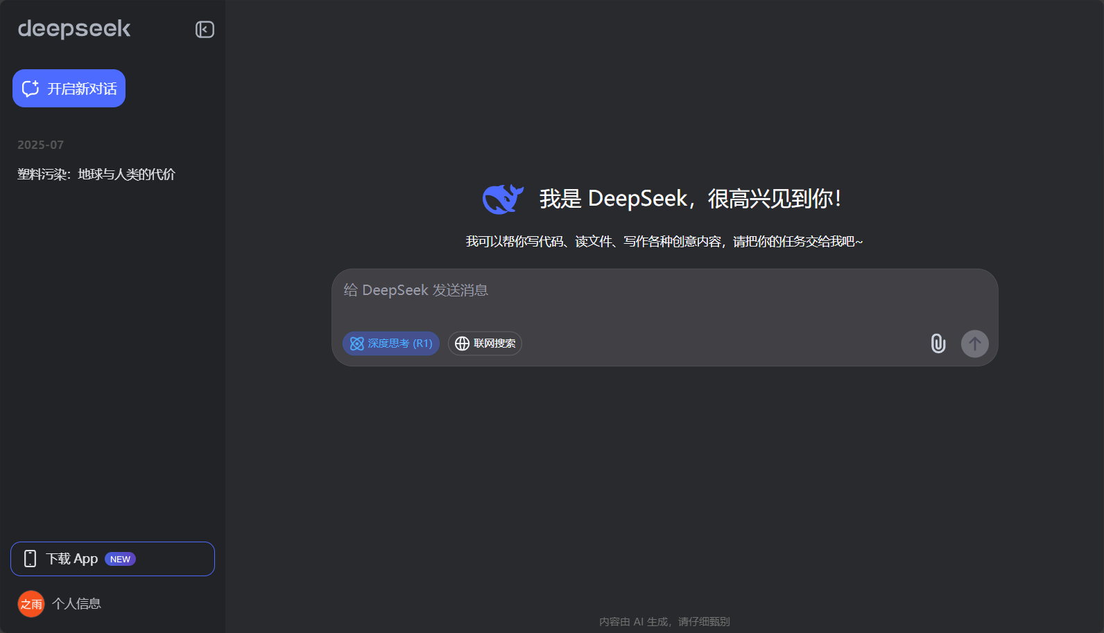 DeepSeek Chat首頁截圖