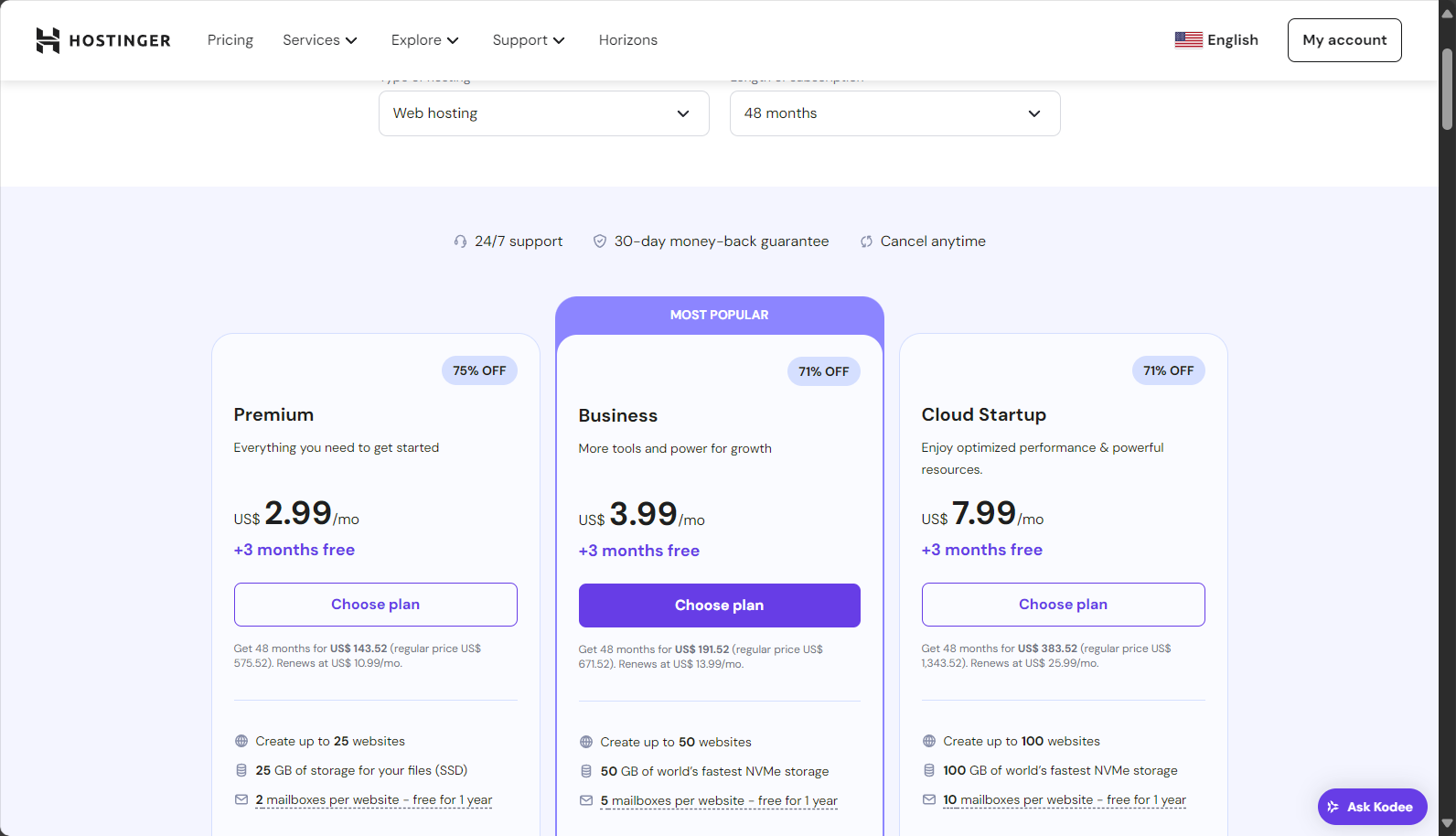 Hostinger Horizon 价格页截图
