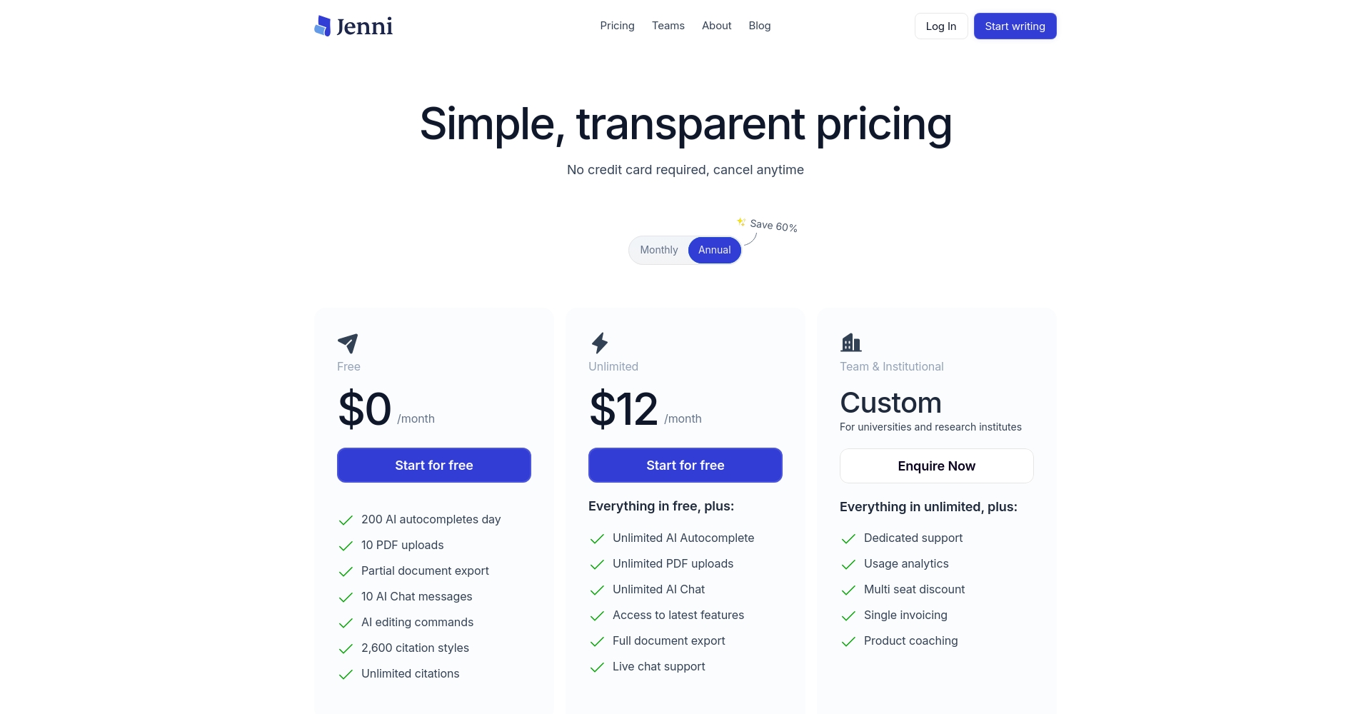 Jenni AI价格页面
