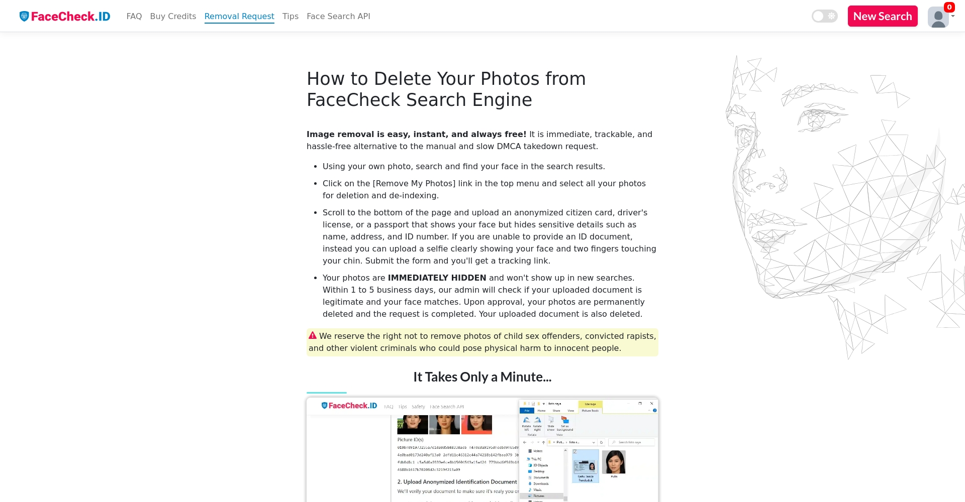 facecheck 移除照片页面截图