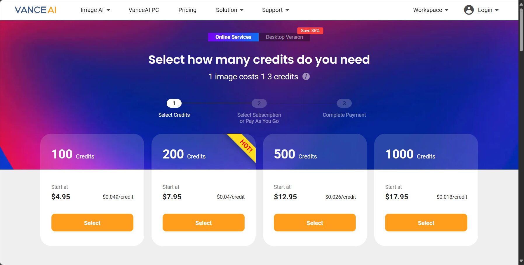 VanceAI价格页面截图