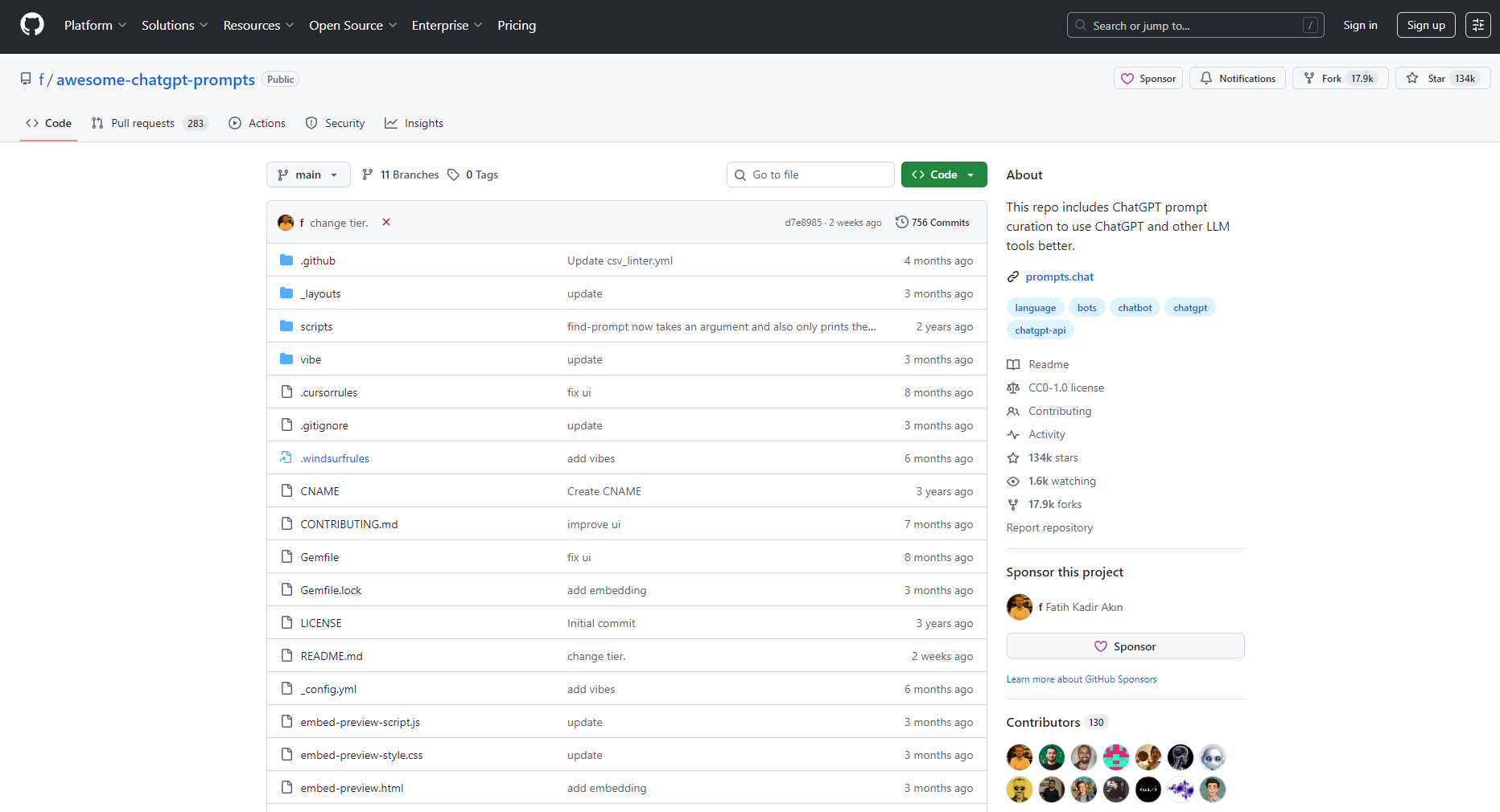 Awesome ChatGPT Prompts github开源界面