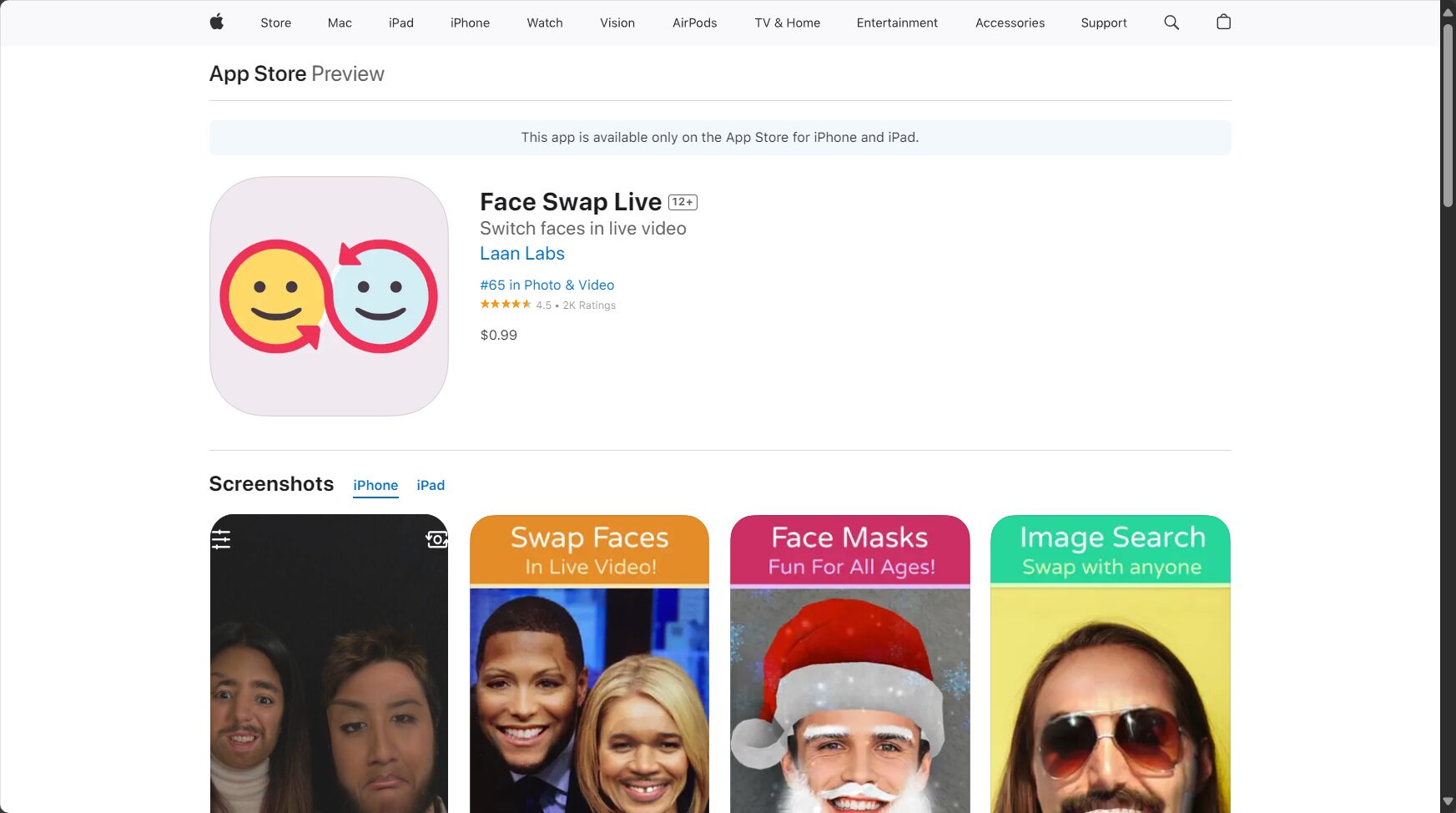 Face Swap Live实时换脸手机应用界面