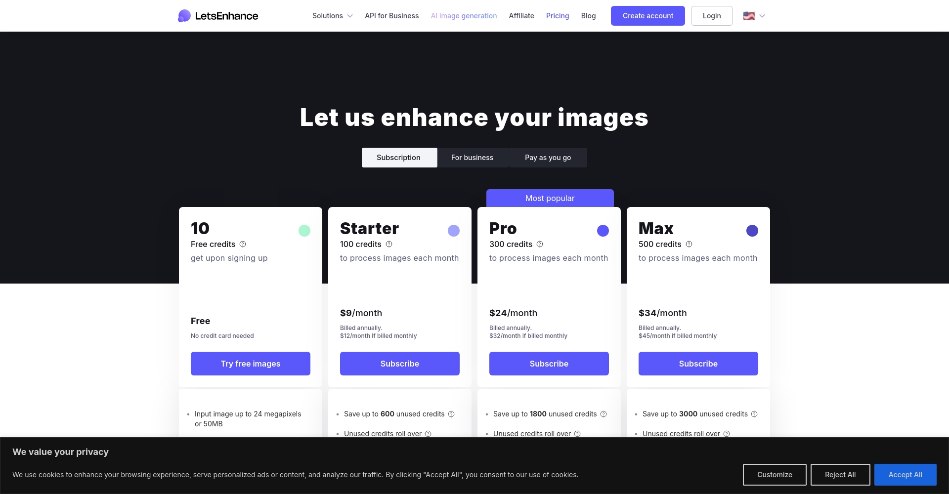 Let’s Enhance价格方案页面截图