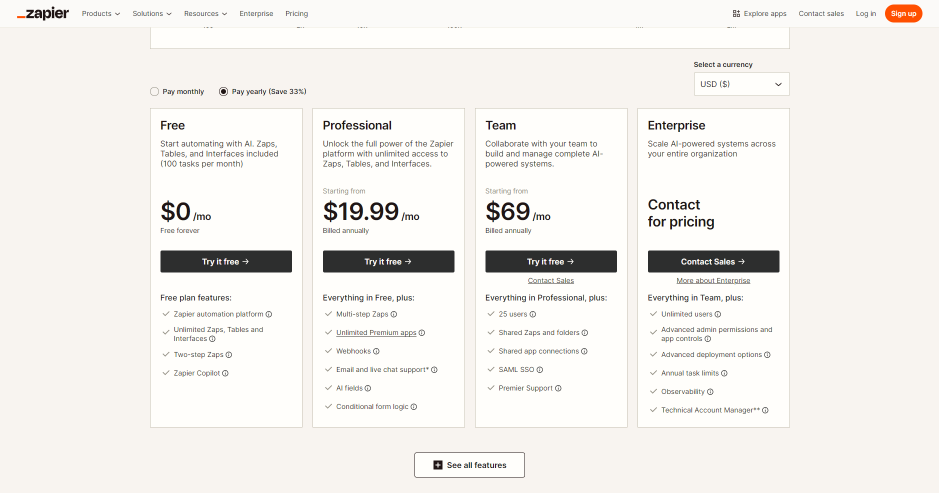 Zapier官方价格页