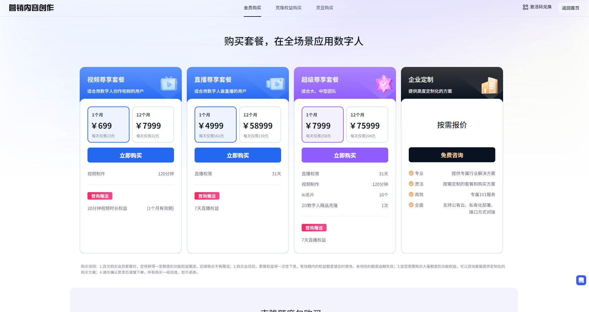百度曦灵数字人价格页面