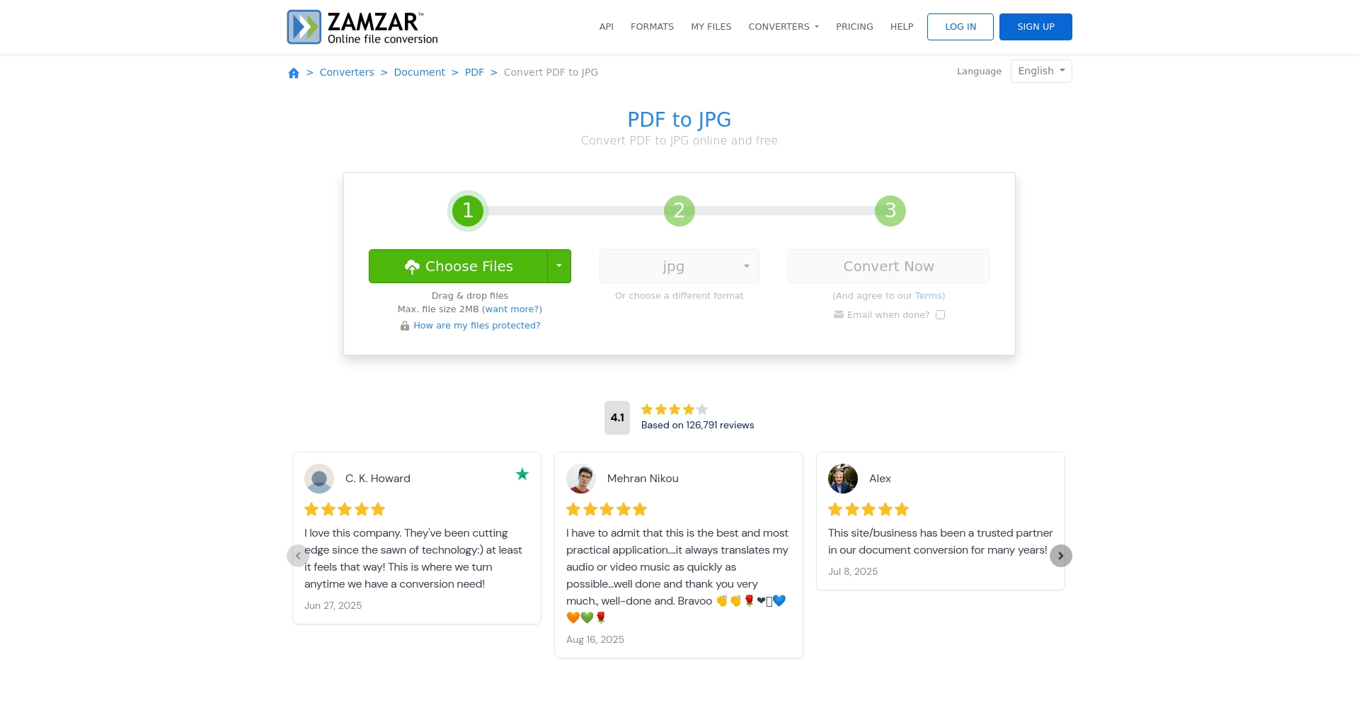 Zamzar PDF转图片页面