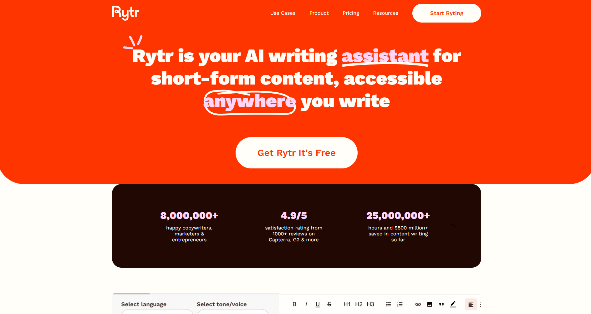 Rytr官网首页截图