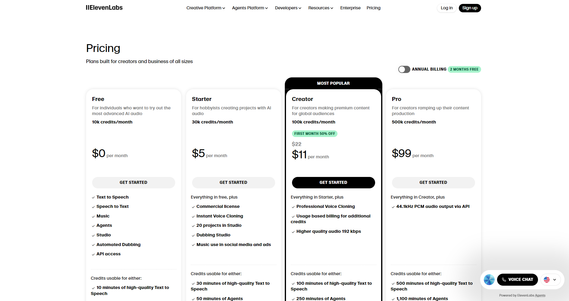 ElevenLabs定价与方案页面