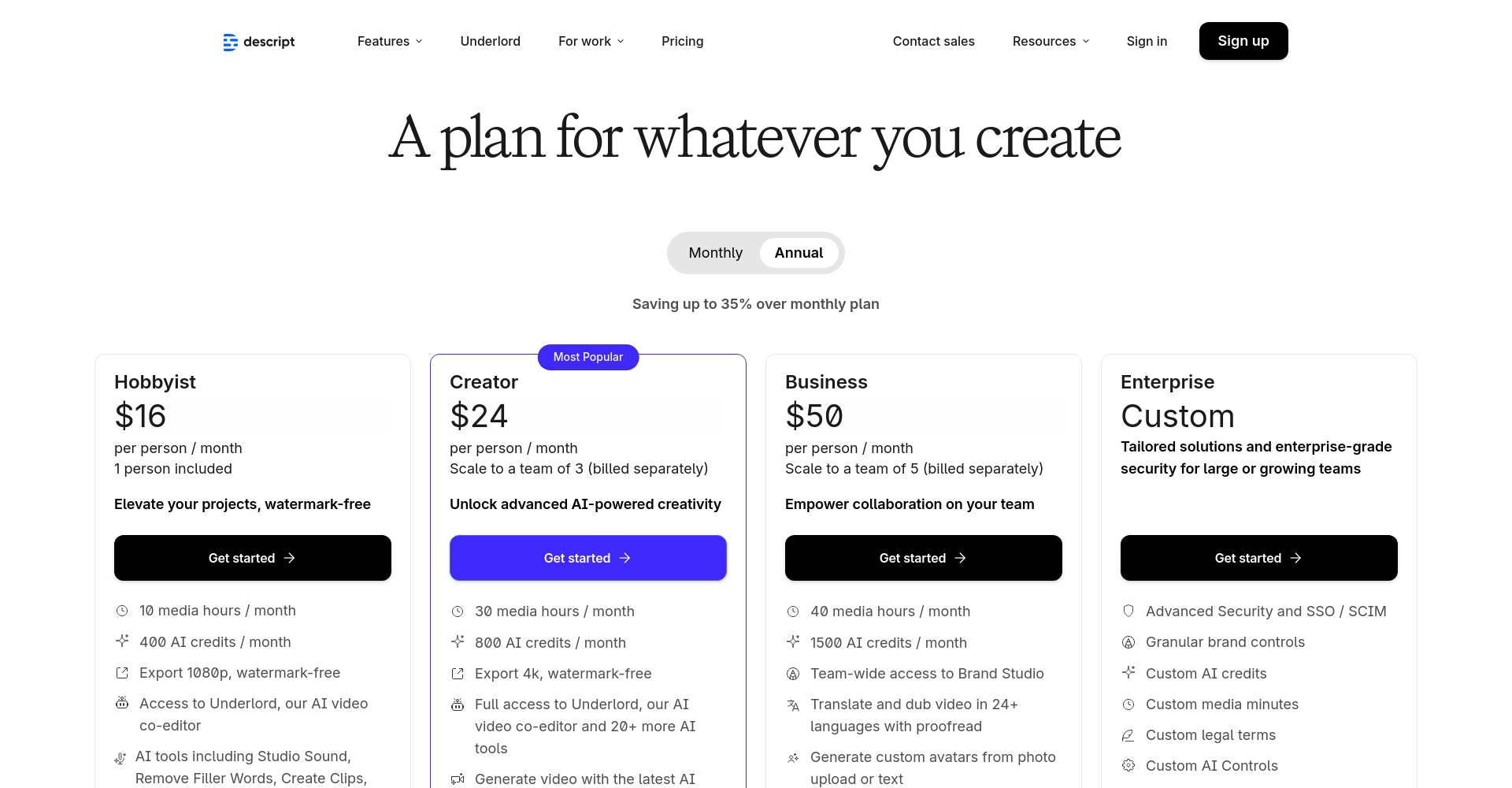 Descript价格方案页面截图