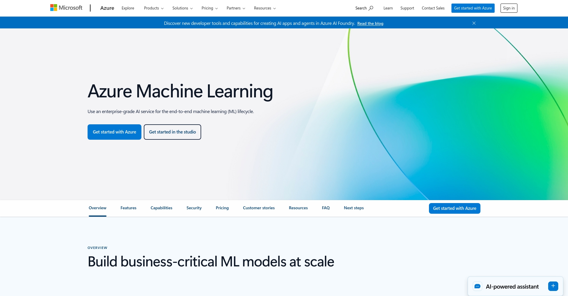 Microsoft Azure Machine Learning官网截图