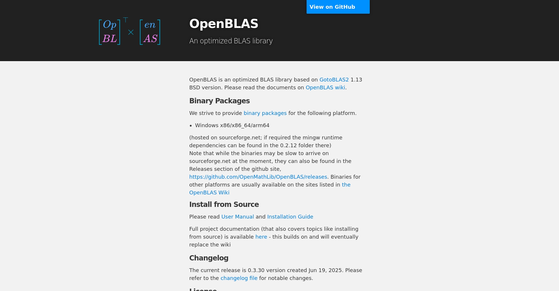 OpenBLAS官方网站截图