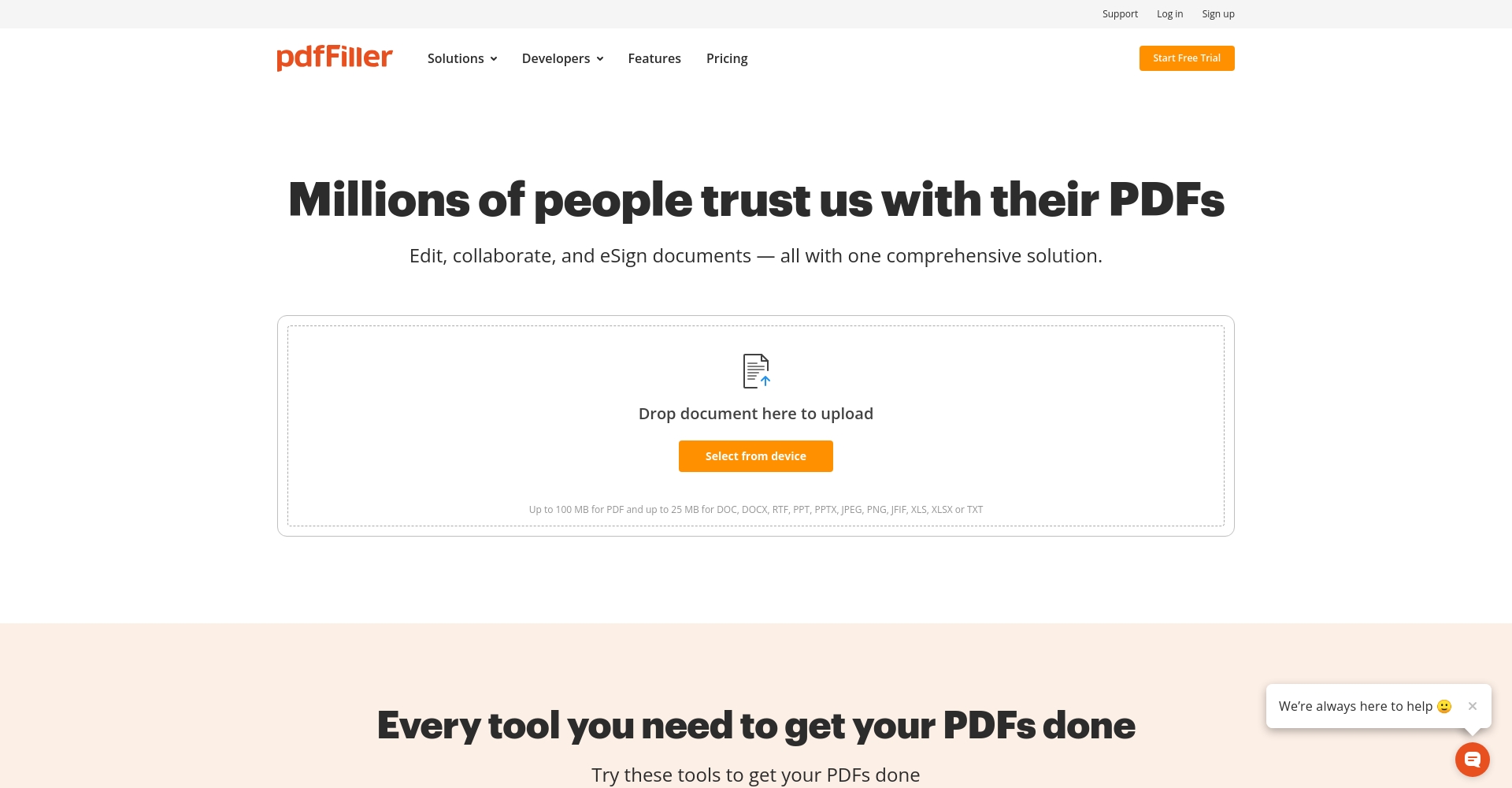 pdfFiller 网站使用界面