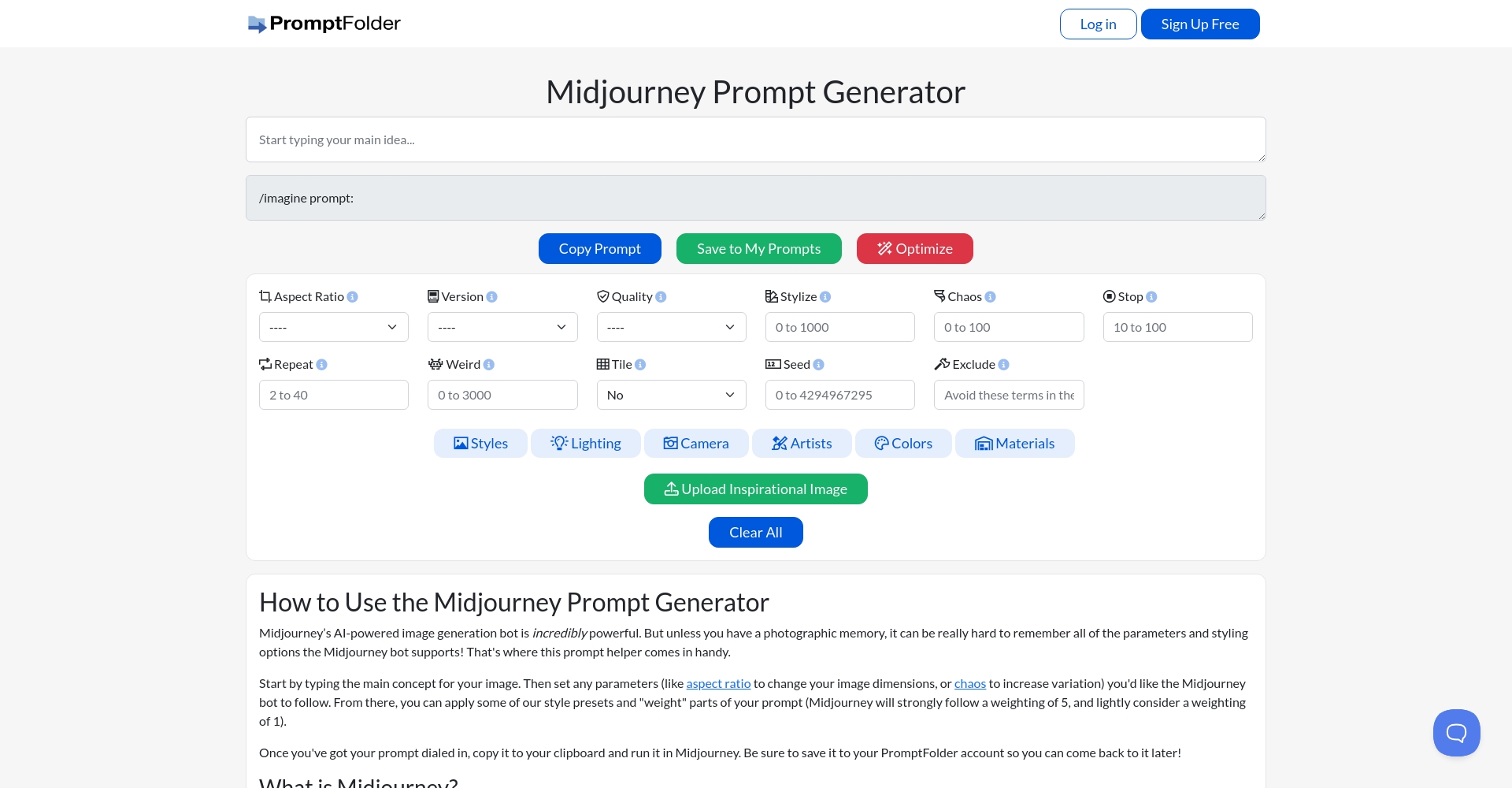 Midjourney Prompt Helper页面