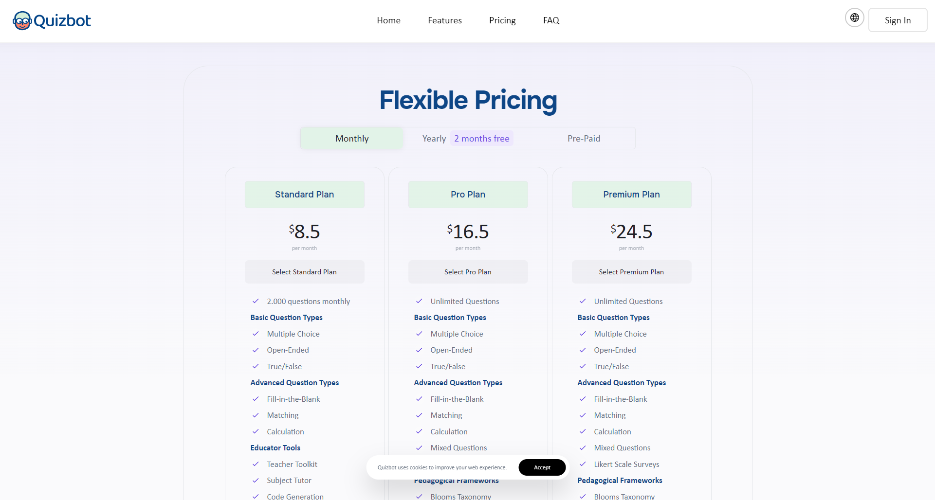 QuizBot.ai官方付费方案页