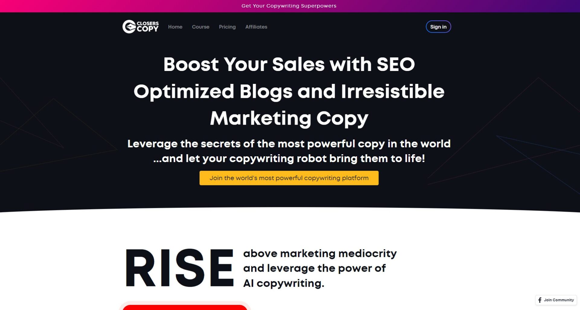 Screenshot of ClosersCopy's official website homepage