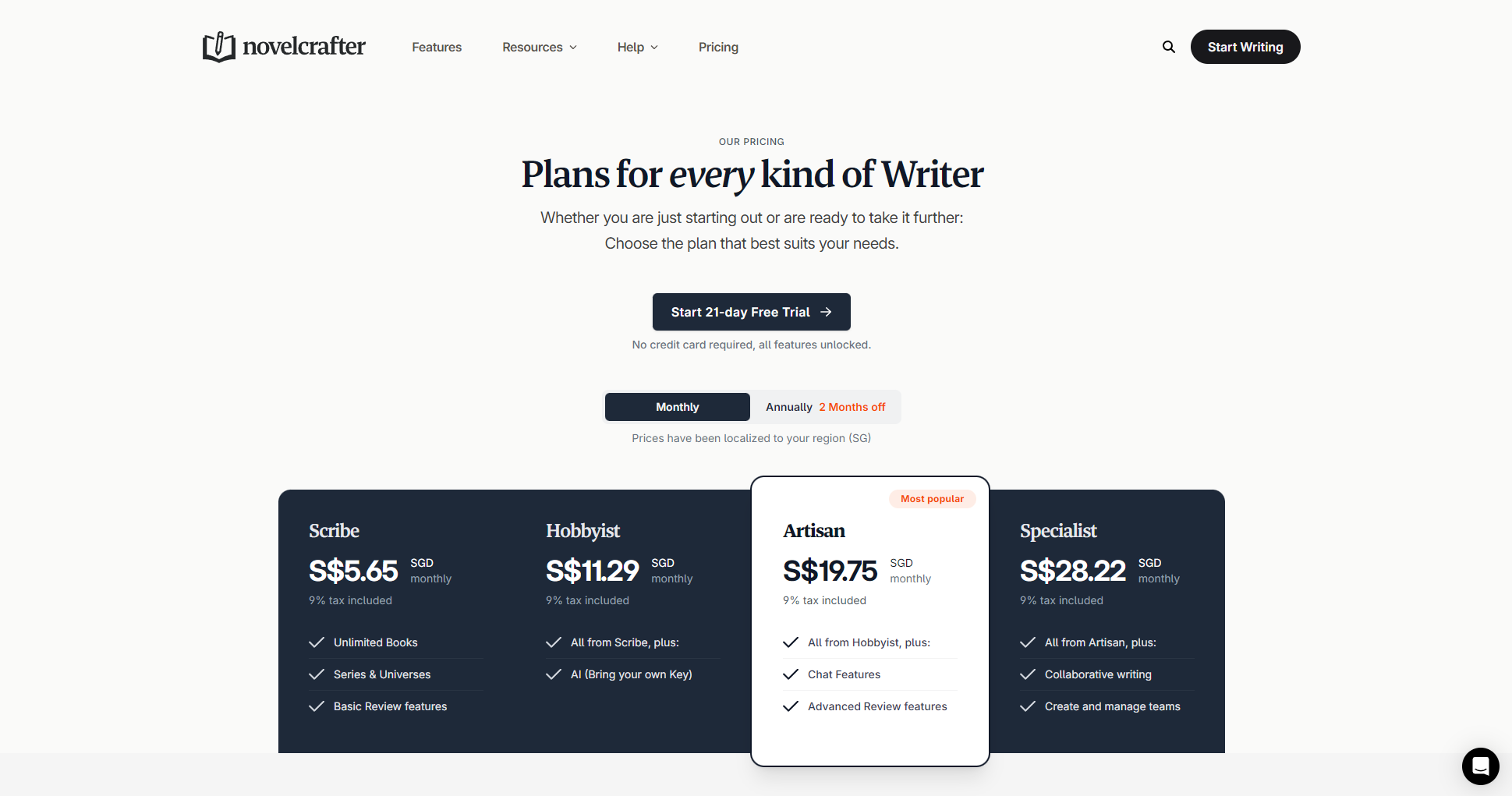 novelcrafter定价页