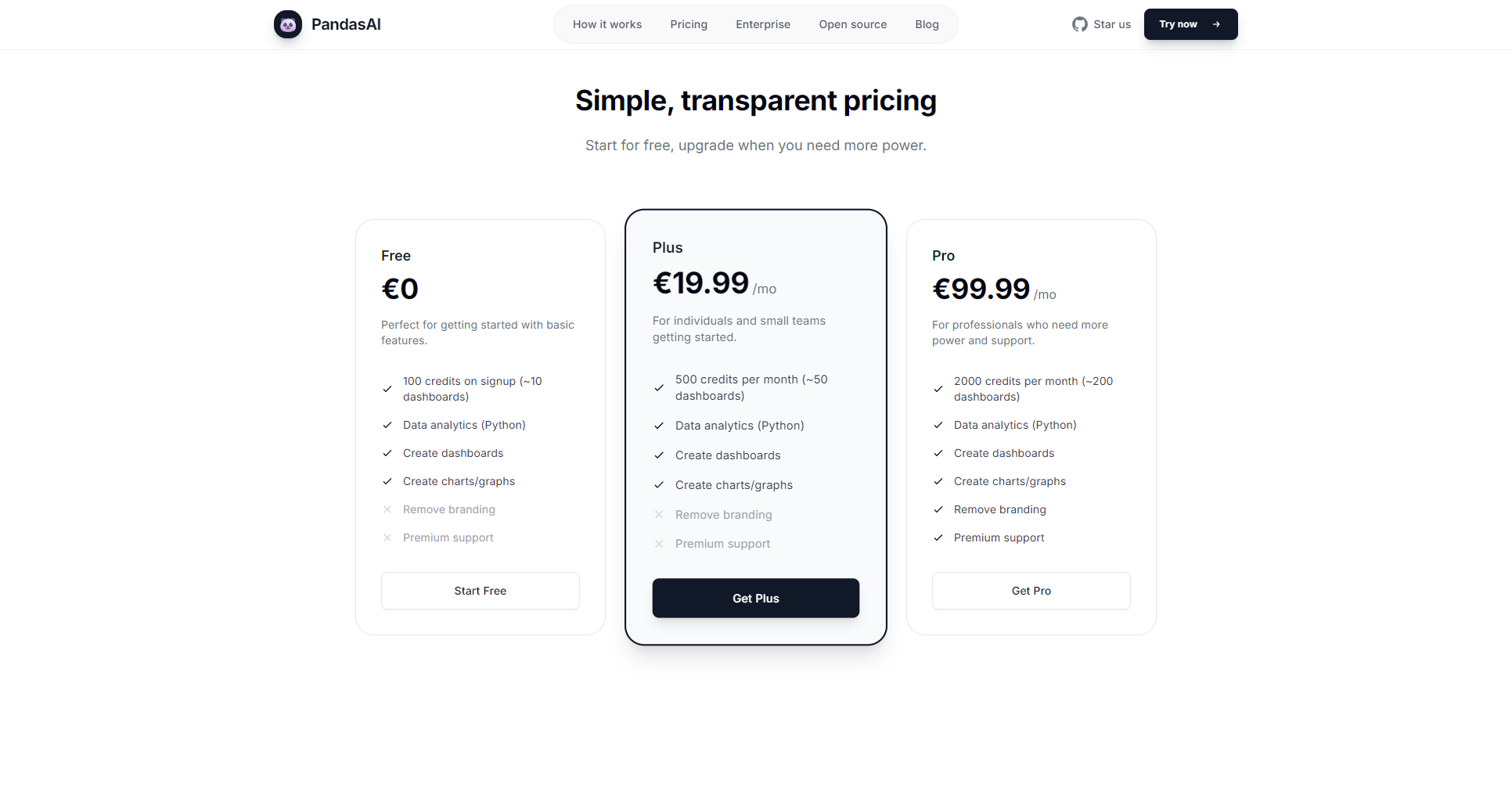 PandasAI官方价格方案页