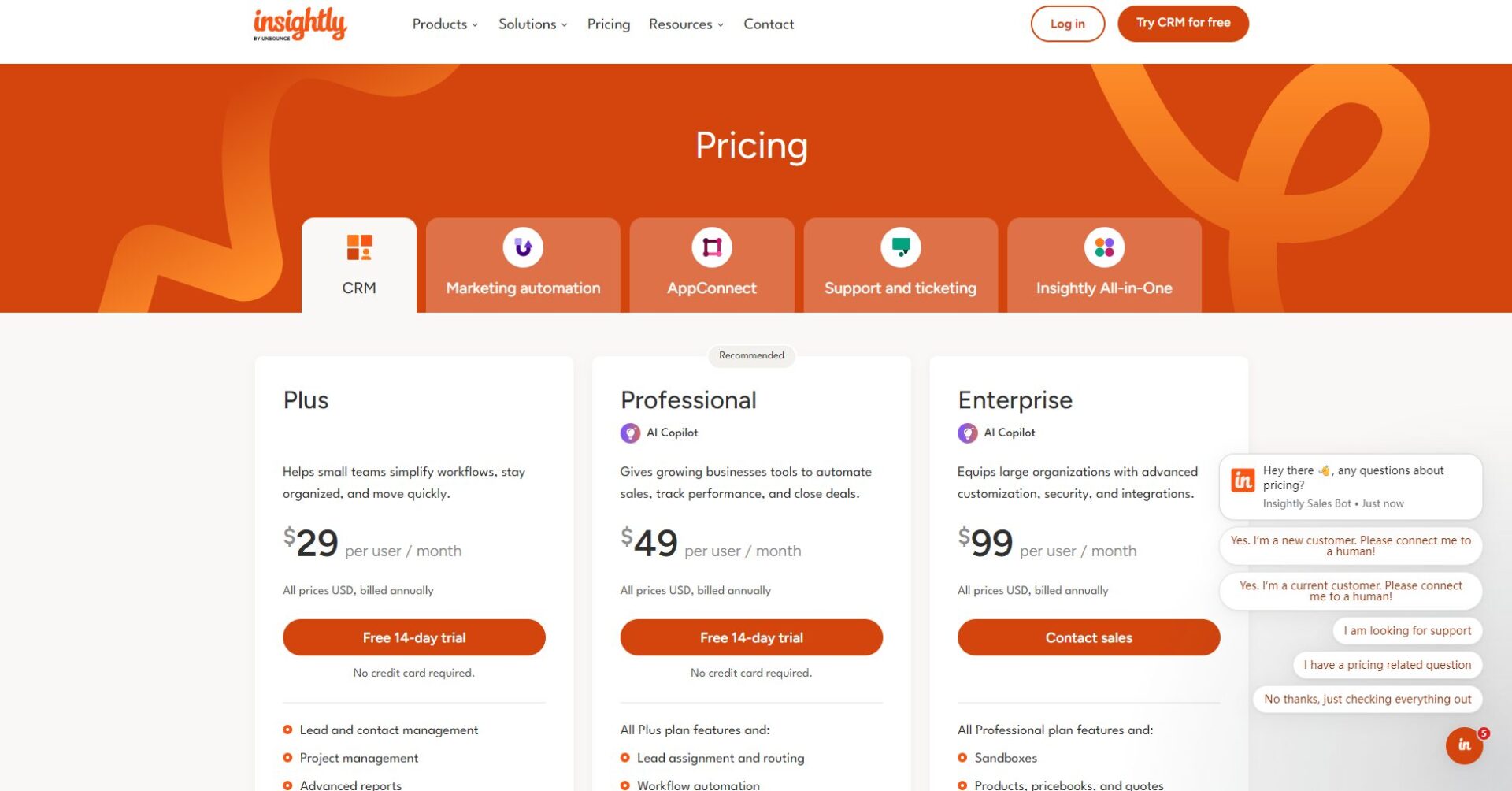 Insightly价格方案页