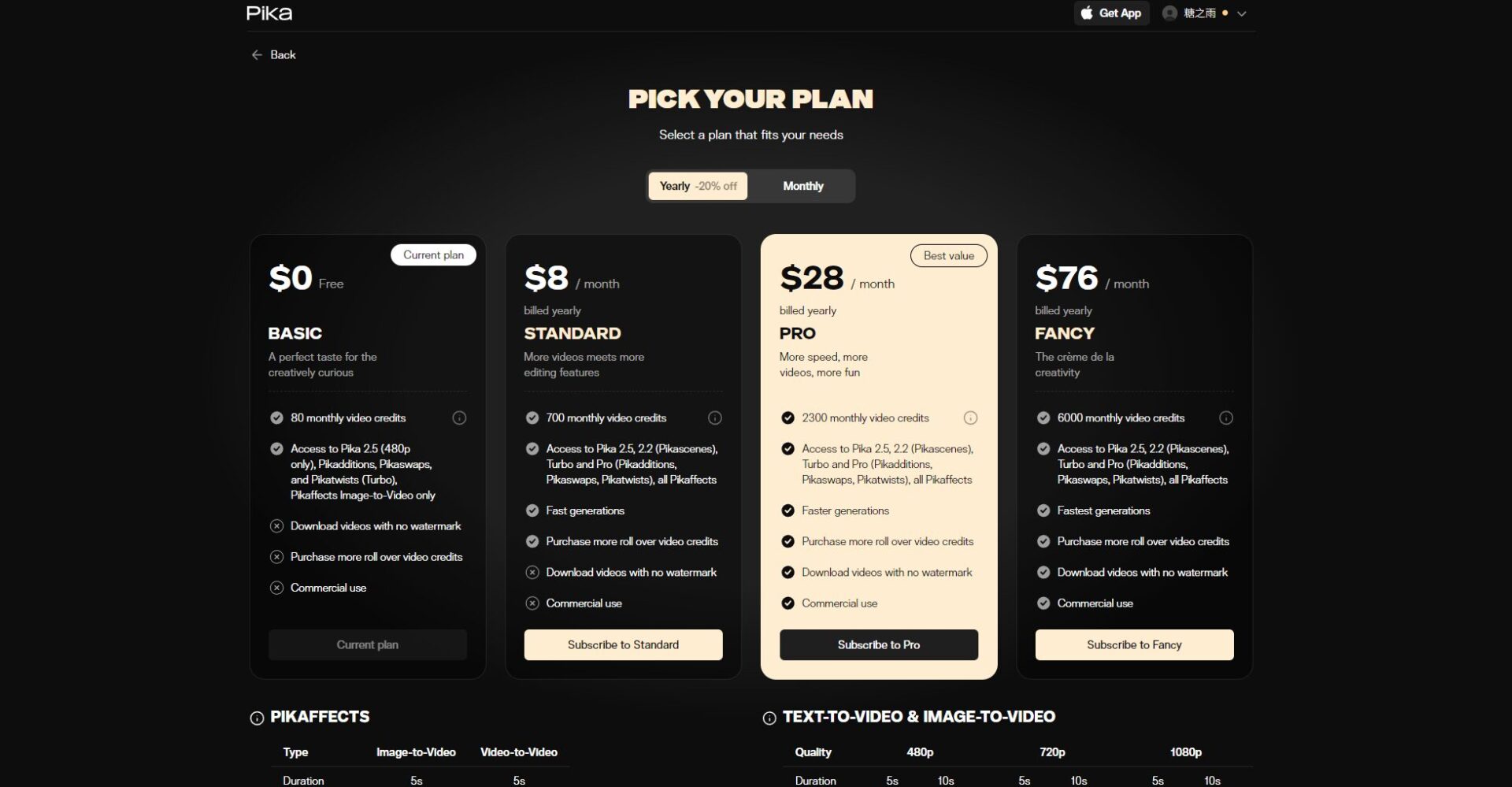 pika labs ai价格方案页