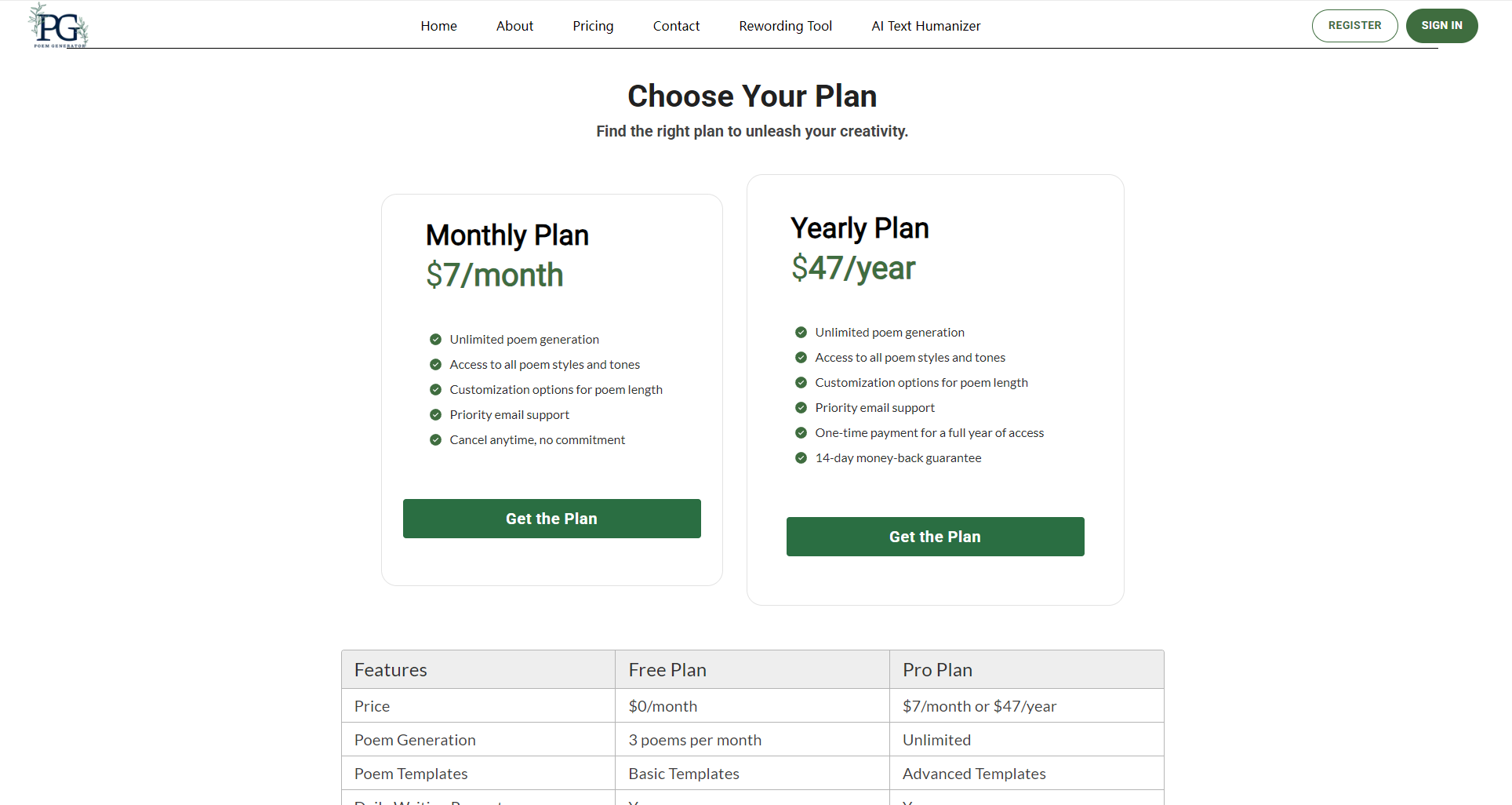 PoemGenerator.io定价页