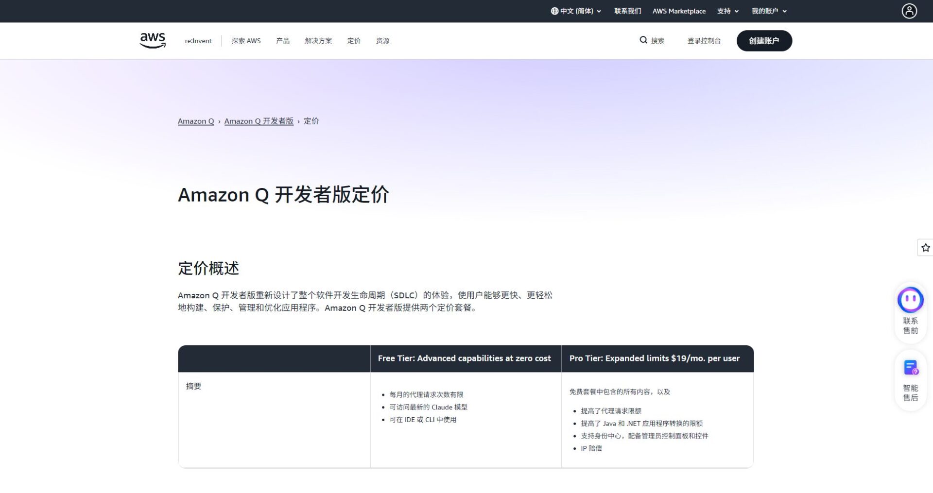 CodeWhisperer定价页