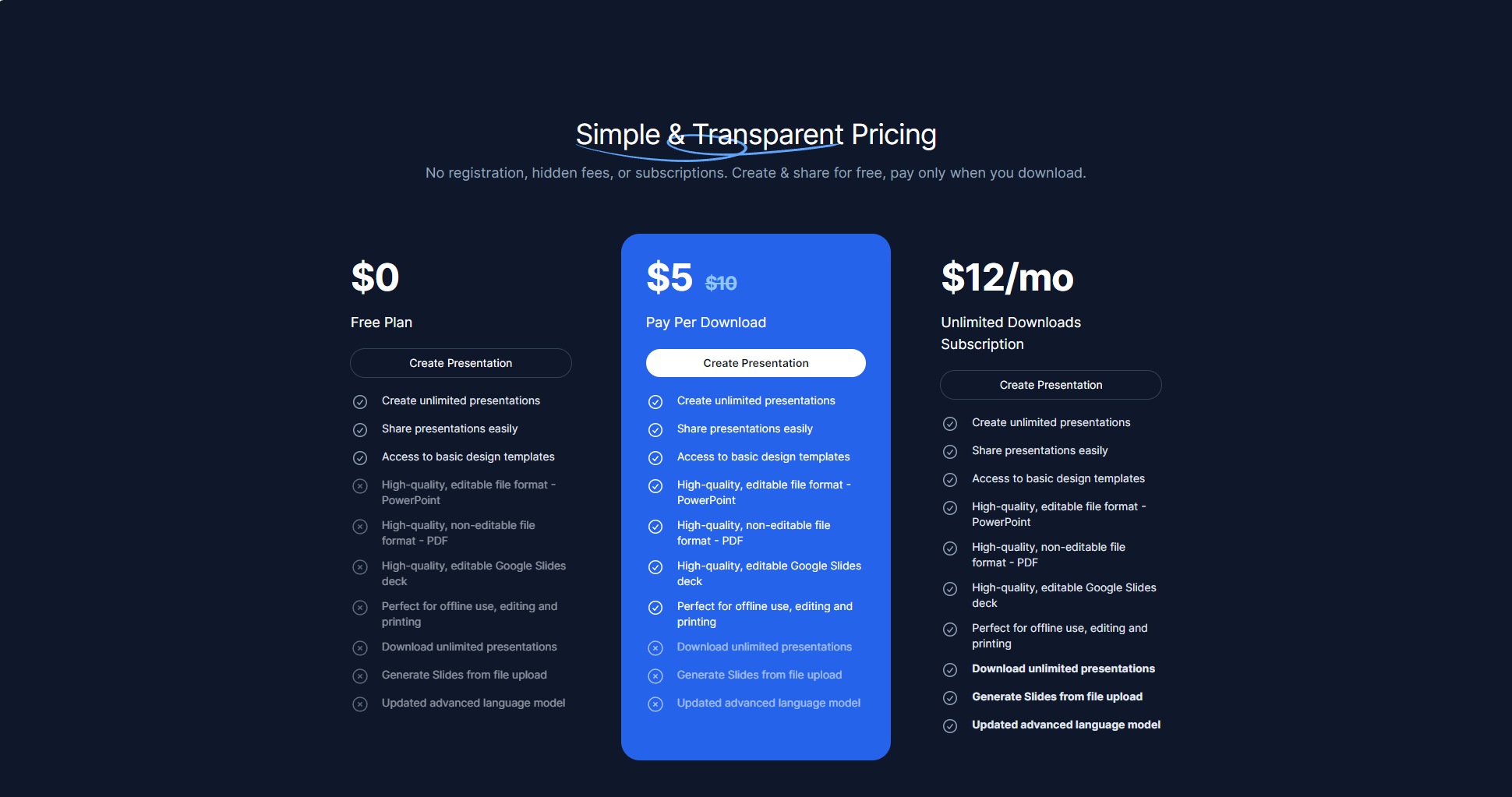 PresentationGPT价格方案页面截图