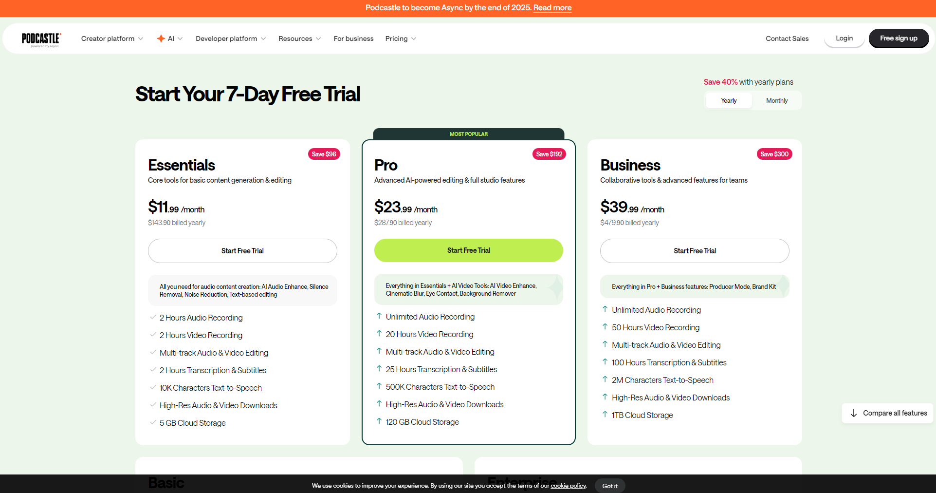 podcastle官方价格方案页