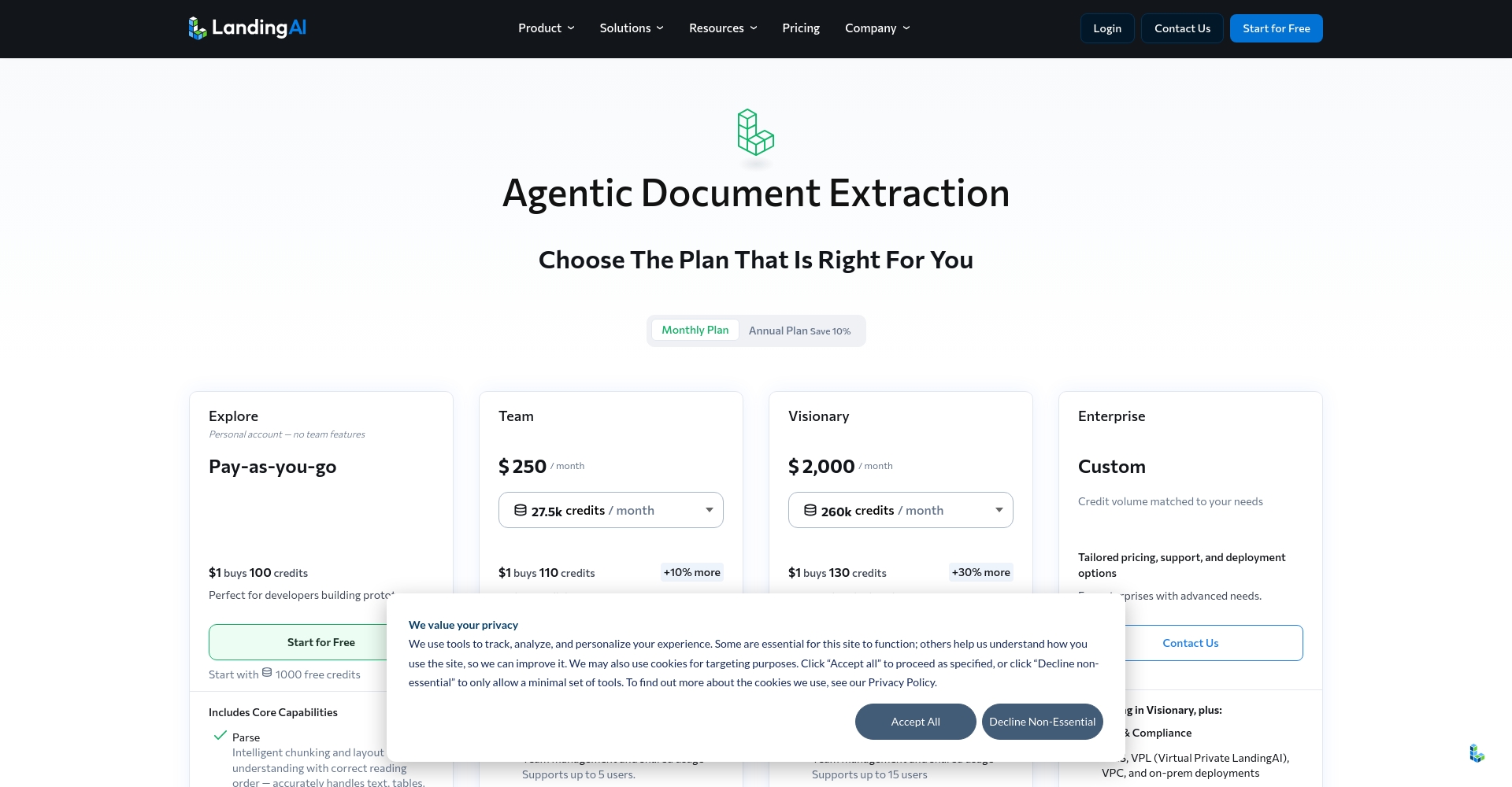 Landing AI价格方案界面
