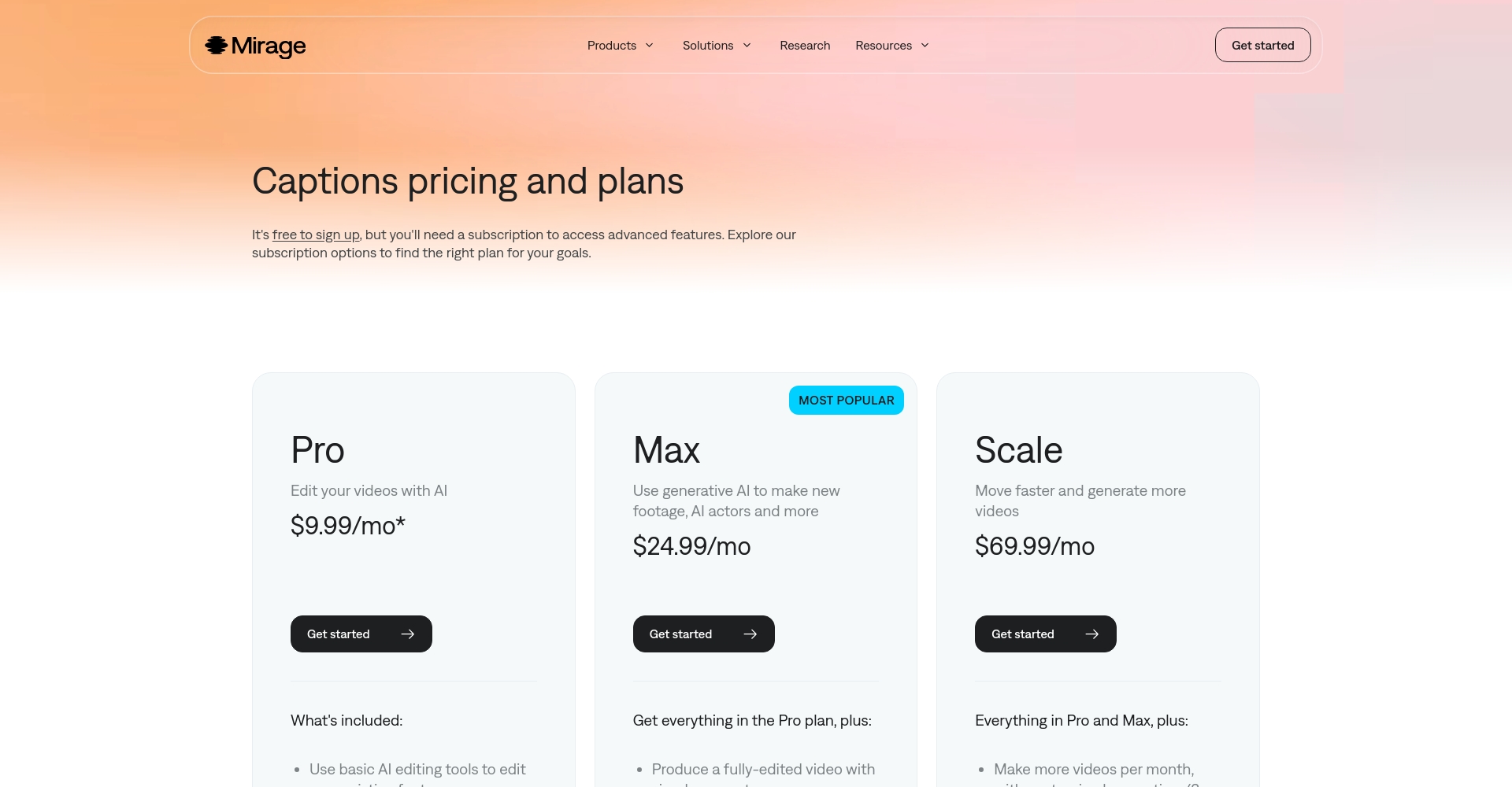 Captions价格套餐页面截图