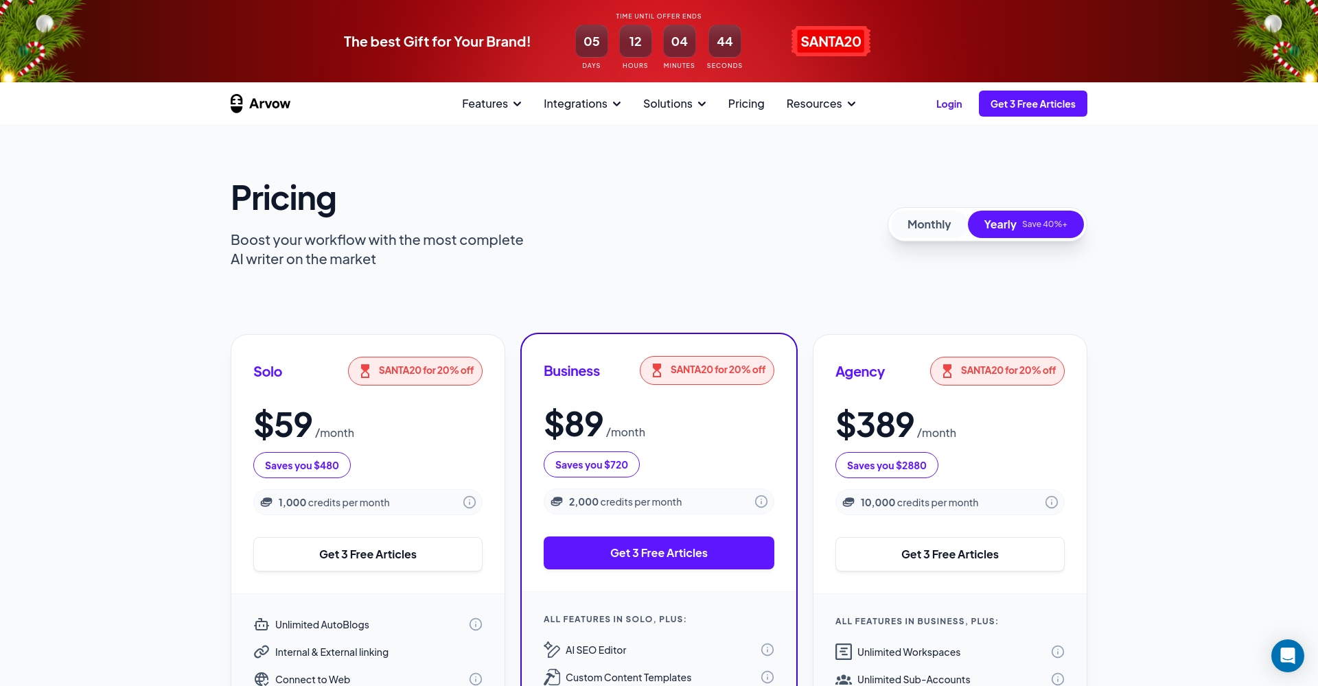 Arvow价格方案页面