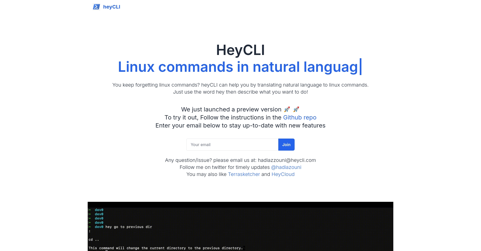 heyCLI 官网首页截屏