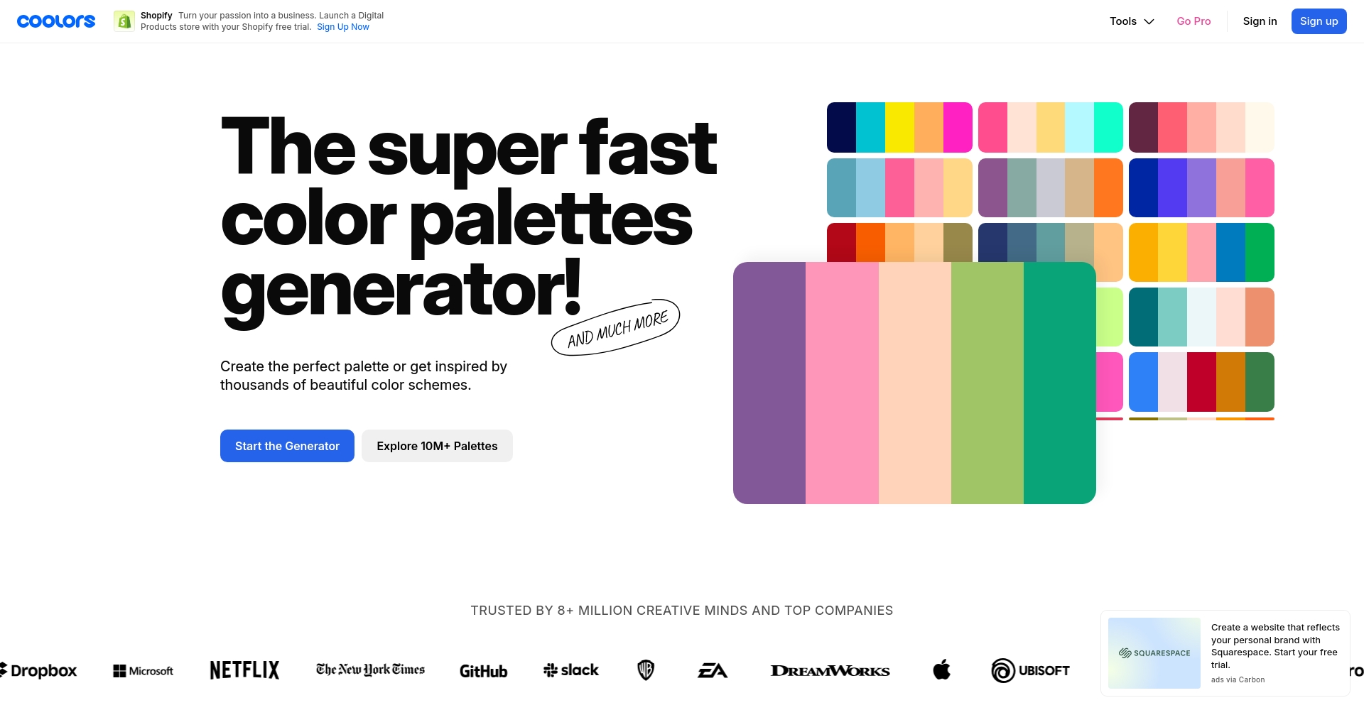 Coolors随机生成色板界面