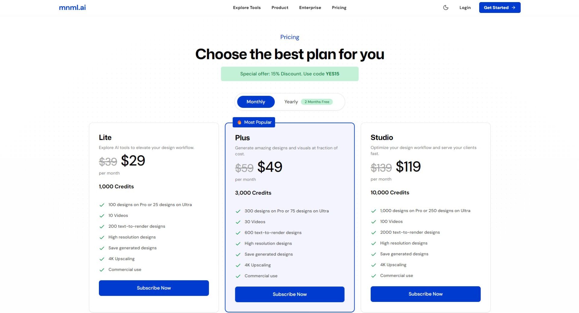 mnml ai价格方案页