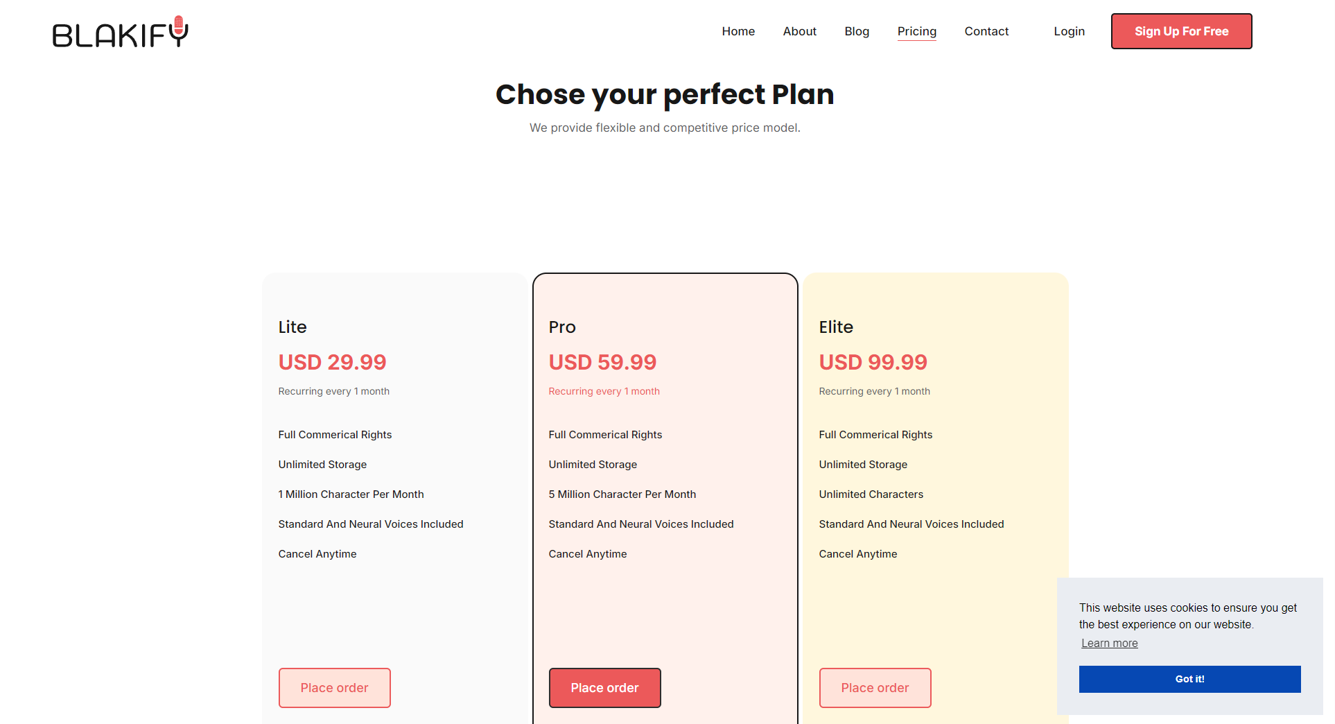 Blakify价格方案页面截图