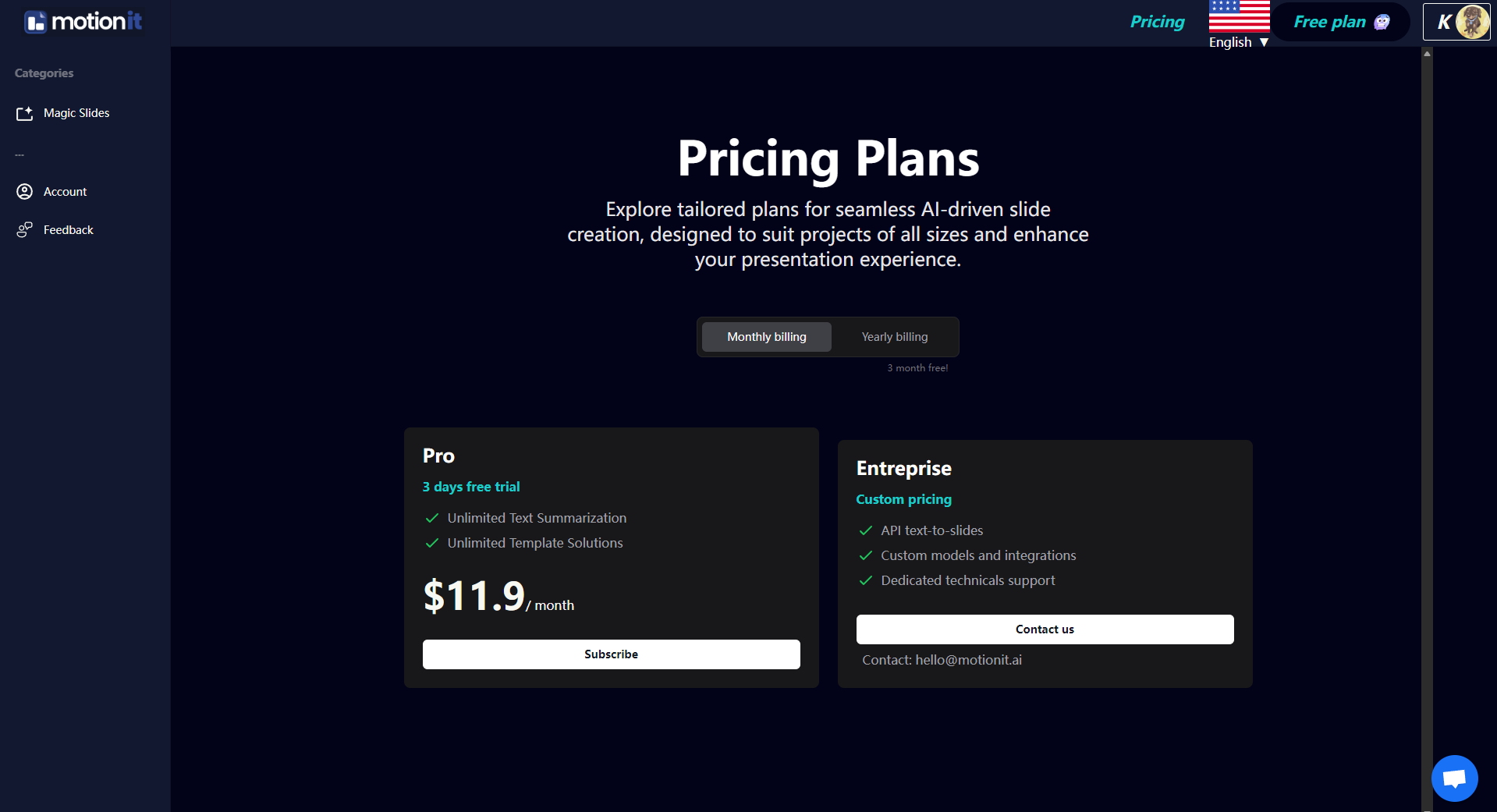 MotionIt AI价格方案页