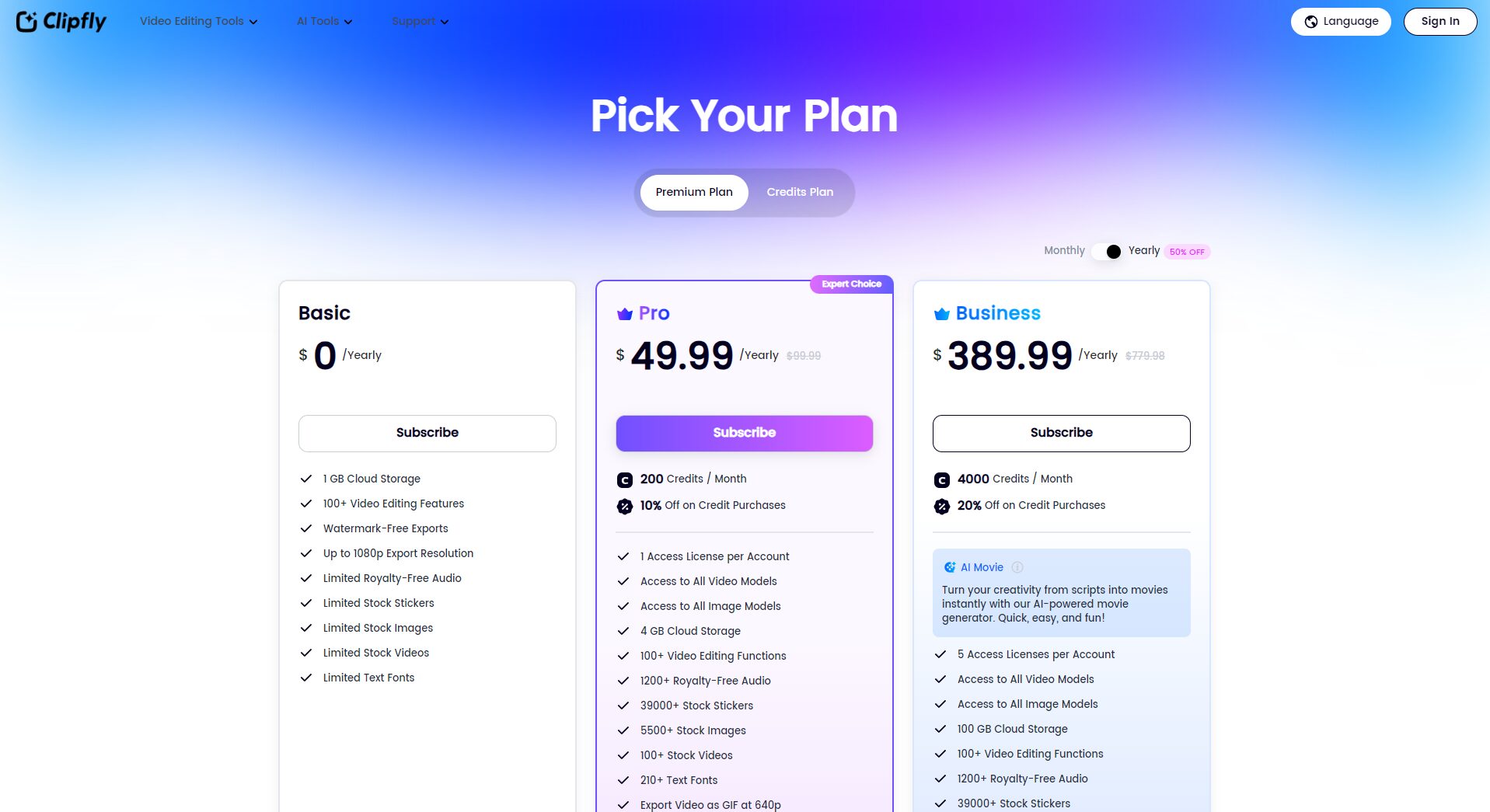 Clipfly AI定价方案页