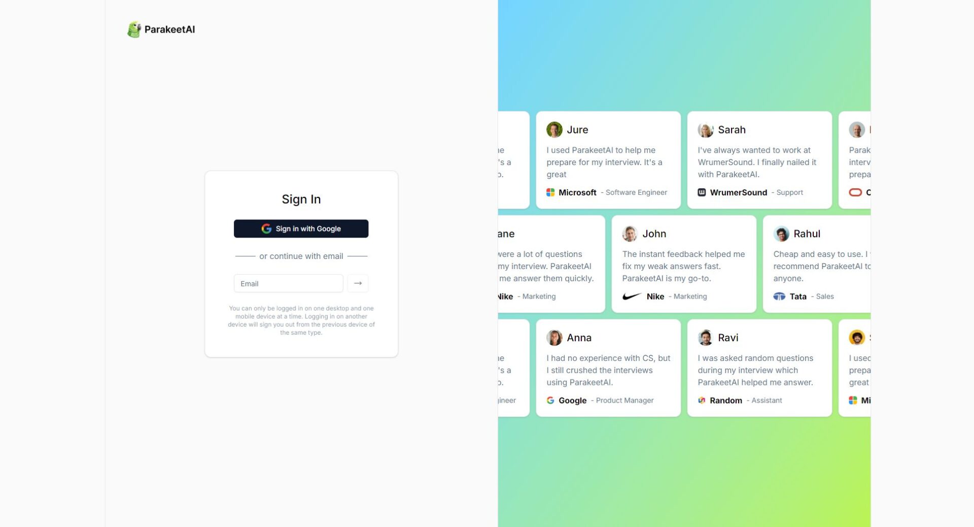 parakeet ai注册登录页