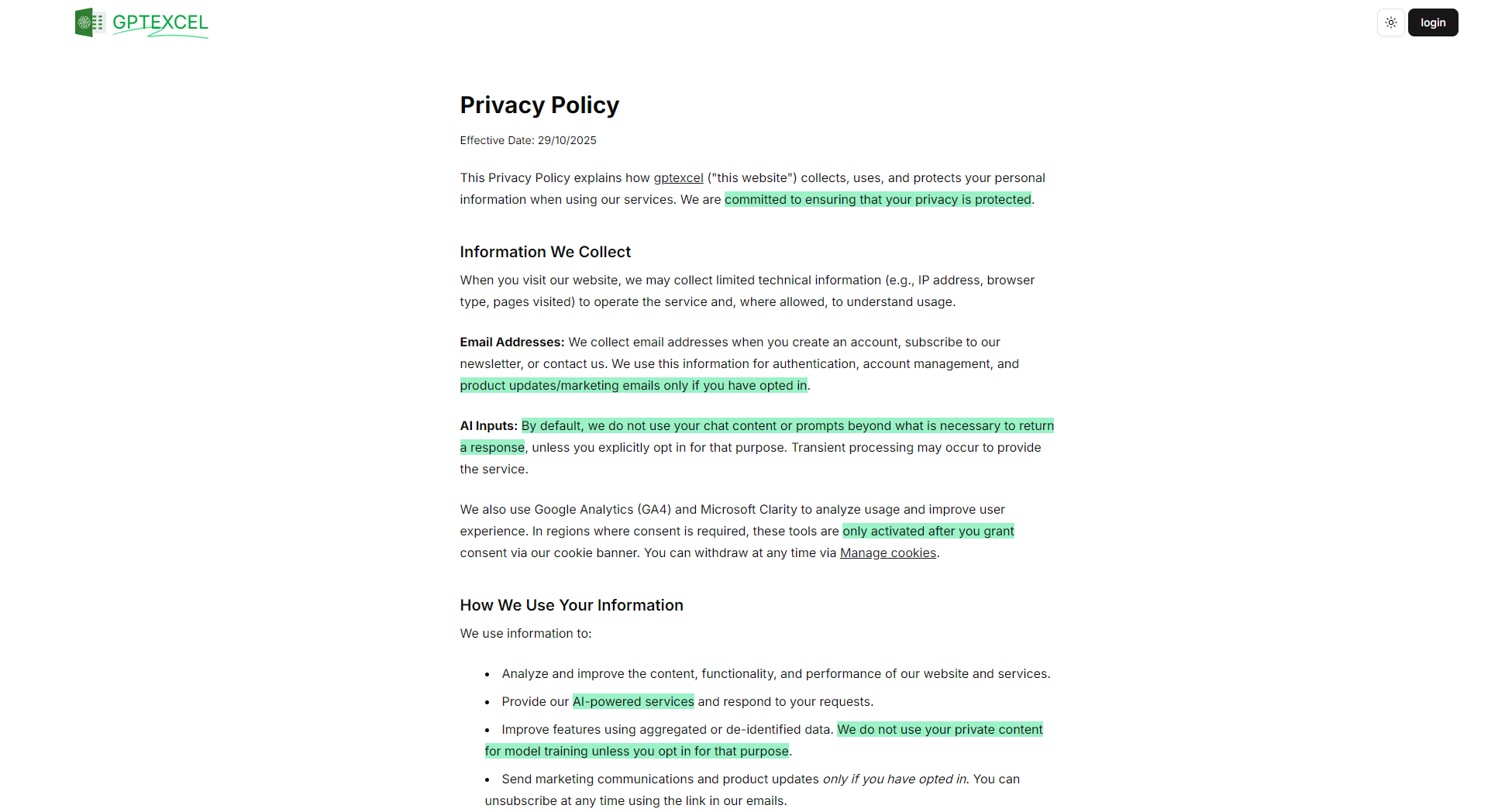 gptexcel隐私政策