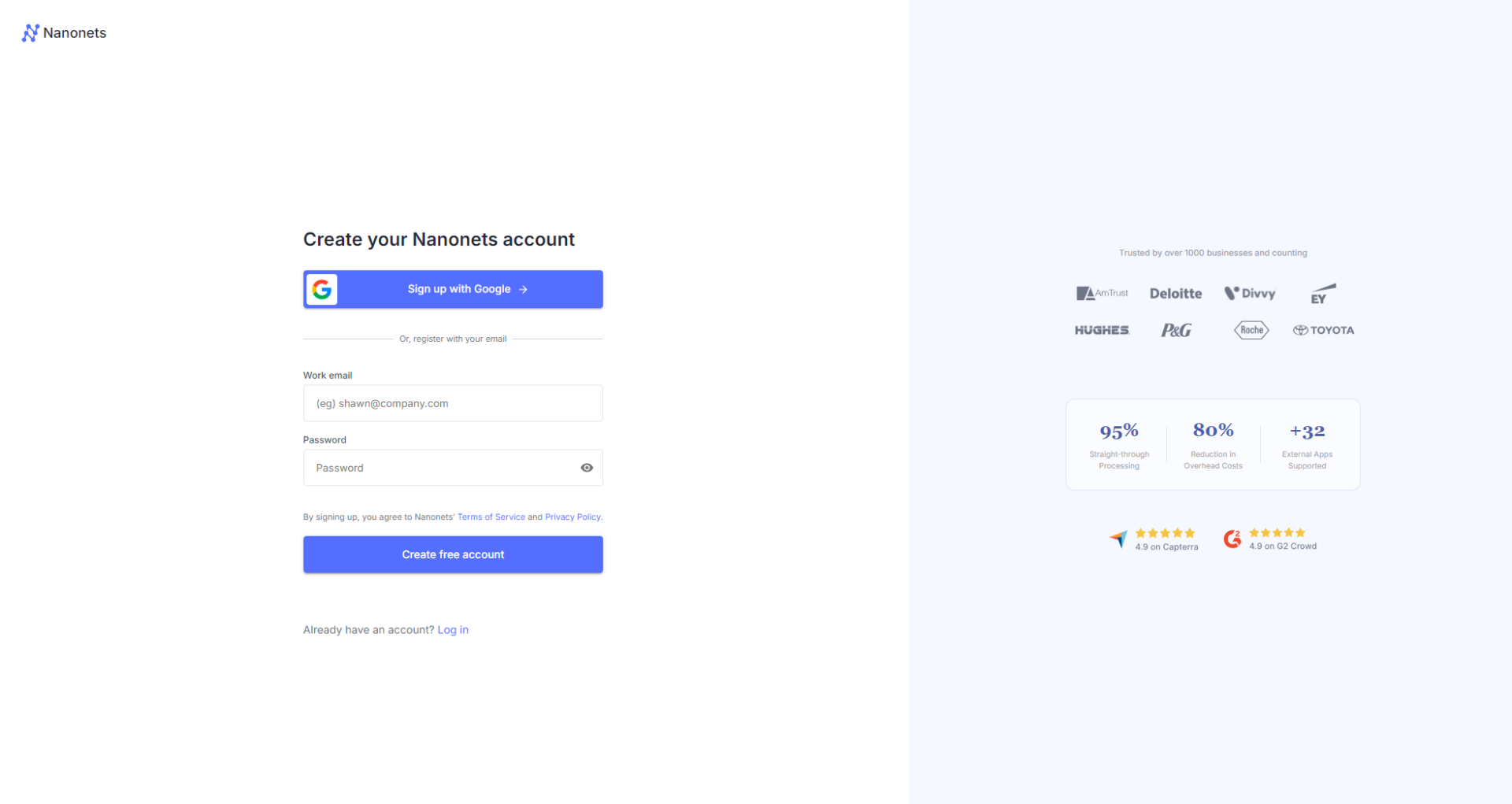 Nanonets注册登录页