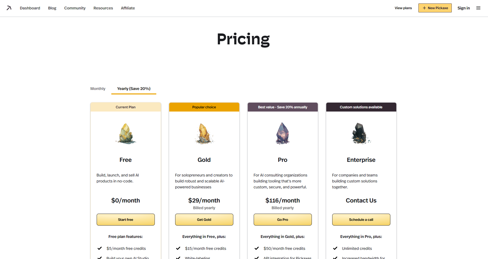 Pickaxe官方定价页面