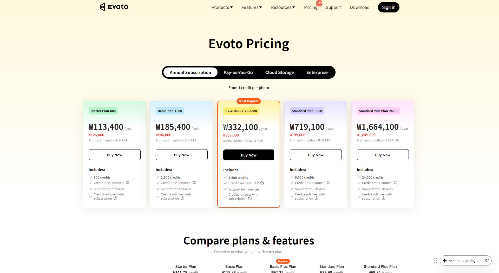 Evoto AI价格方案页